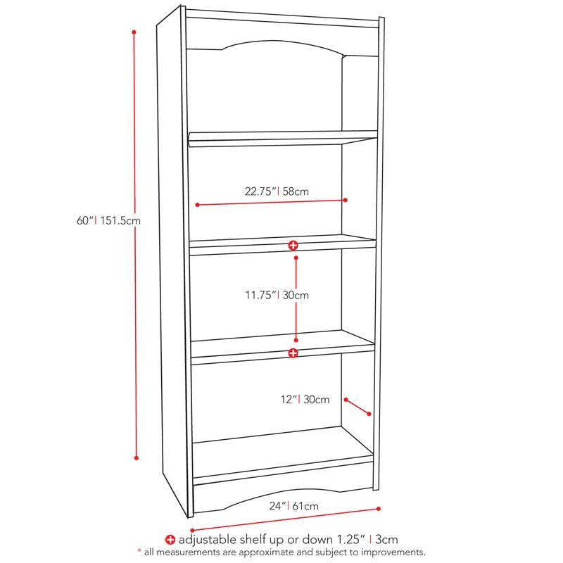 Tall black bookshelf with five shelves, sleek modern design, 60-inch height, sturdy construction, ideal for living room or office organization, holds books, decor, and storage bins.