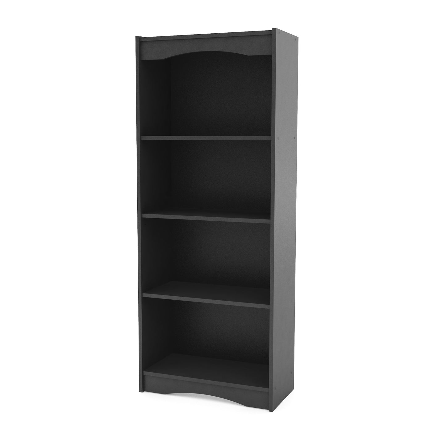 Tall black bookshelf with five shelves, sleek design, and 60-inch height, perfect for modern home or office storage and display.