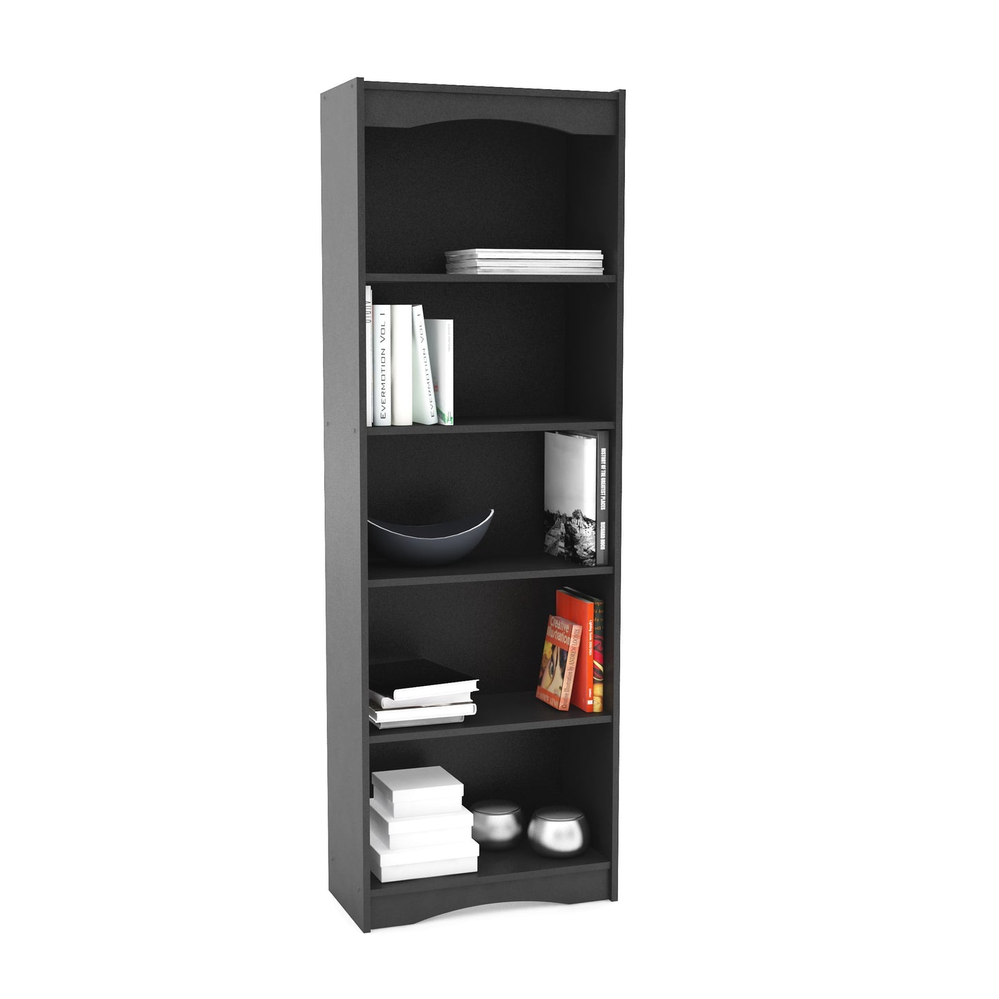 Tall black 72-inch bookcase with five shelves, sleek modern design, and sturdy construction, perfect for organizing books, decor, and storage in living rooms or offices.