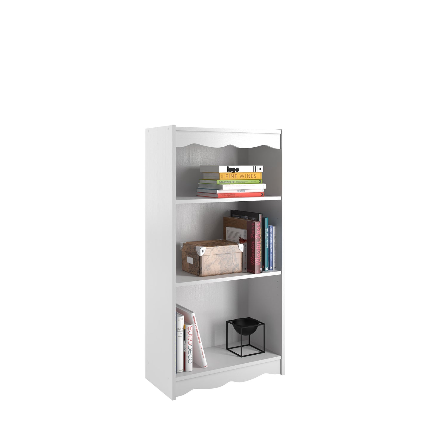 White 48-inch small bookshelf with three shelves, featuring a sleek design and modern finish. Ideal for storing books, decor, and small items in living rooms, bedrooms, or home offices.