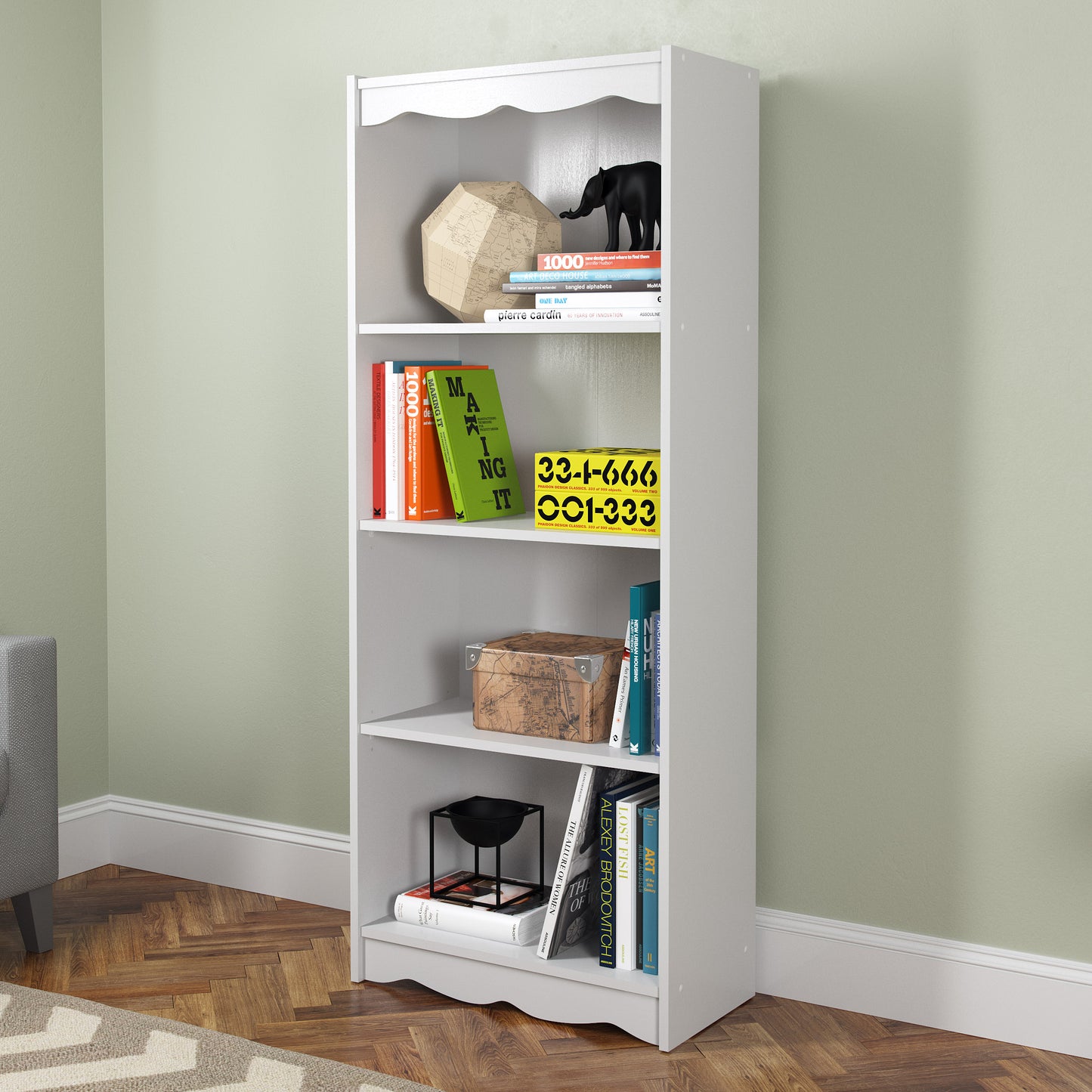 Tall white bookcase, 60 inches, with five wooden shelves, featuring a sleek modern design and spacious storage for books and decor.