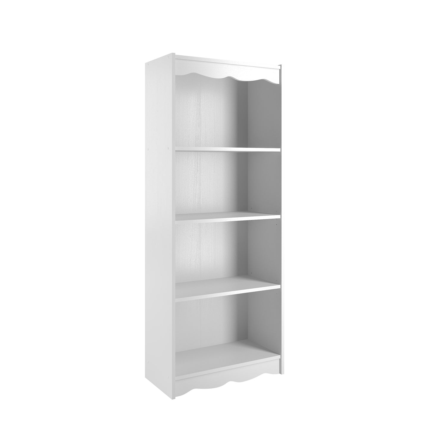 Tall white bookcase with five shelves, 60 inches high, modern minimalist design, sturdy wooden construction, ideal for organizing books, decor, and storage in living rooms, offices, or bedrooms.