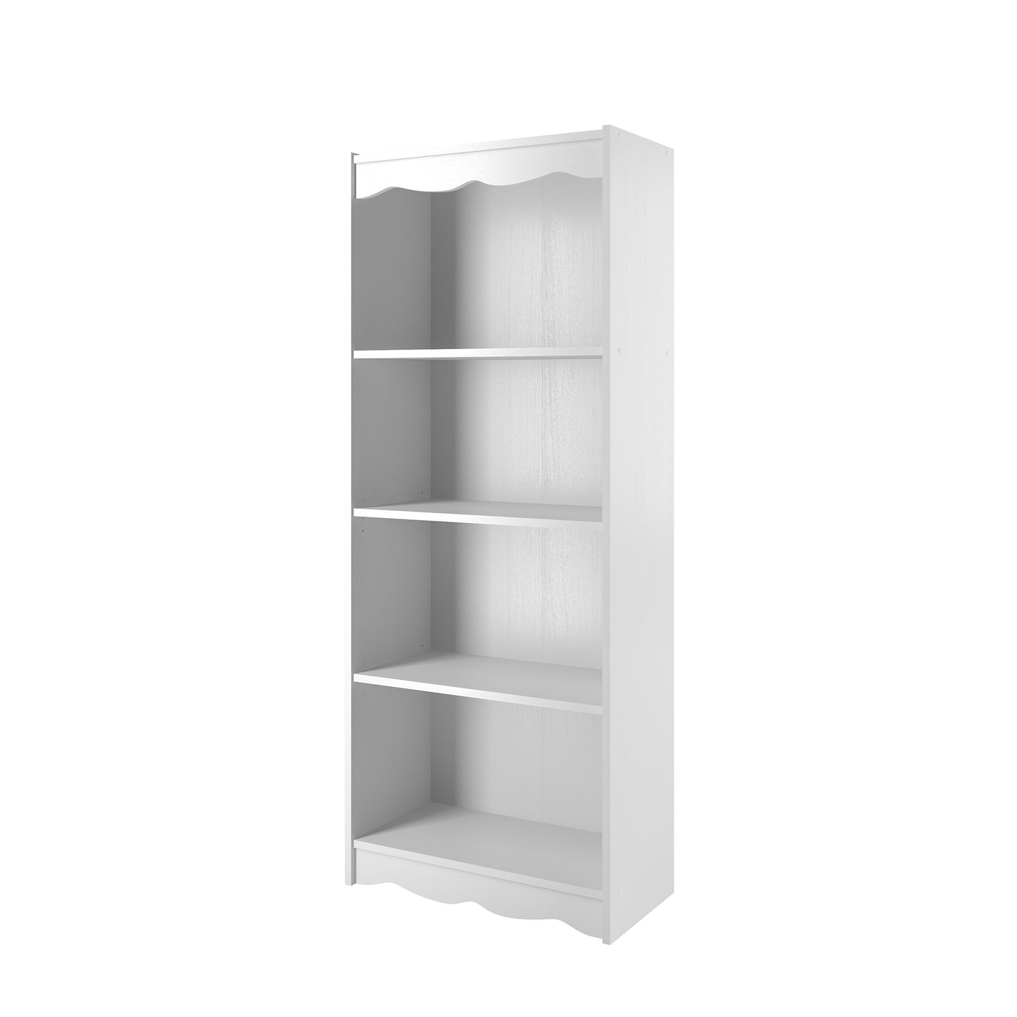 White tall bookcase with five shelves, 60 inches high, featuring a sleek, modern design, perfect for organizing books and decor in living rooms or offices.