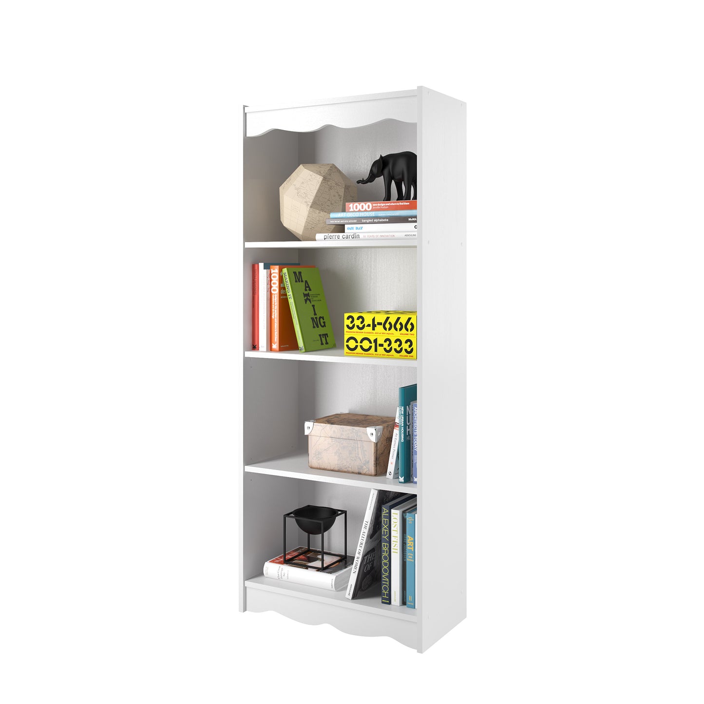 Tall white bookshelf with five shelves, 60 inches high, sleek design, modern style, perfect for home office or living room, durable wood construction, ample storage space for books and decor.