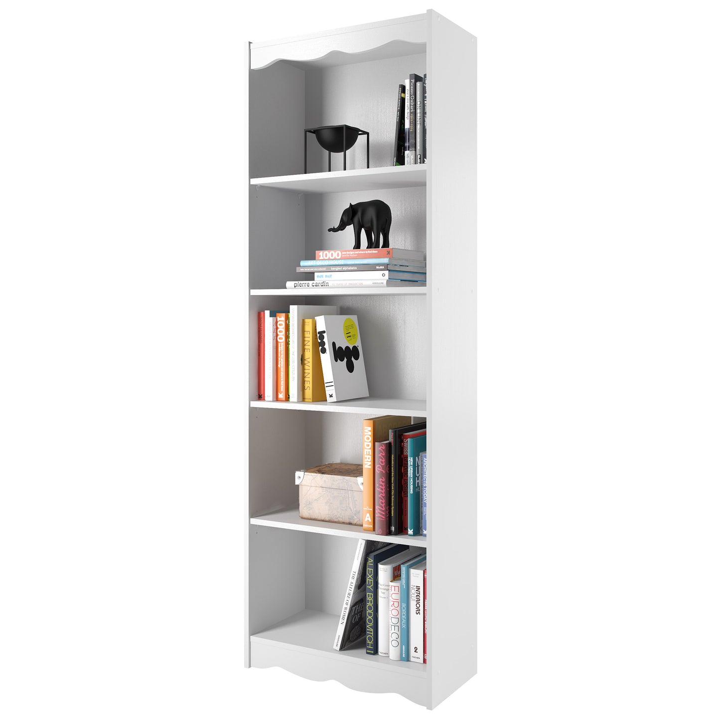 Tall white bookcase, 72 inches, with five shelves, minimalist design, smooth finish, ideal for home or office storage and display.
