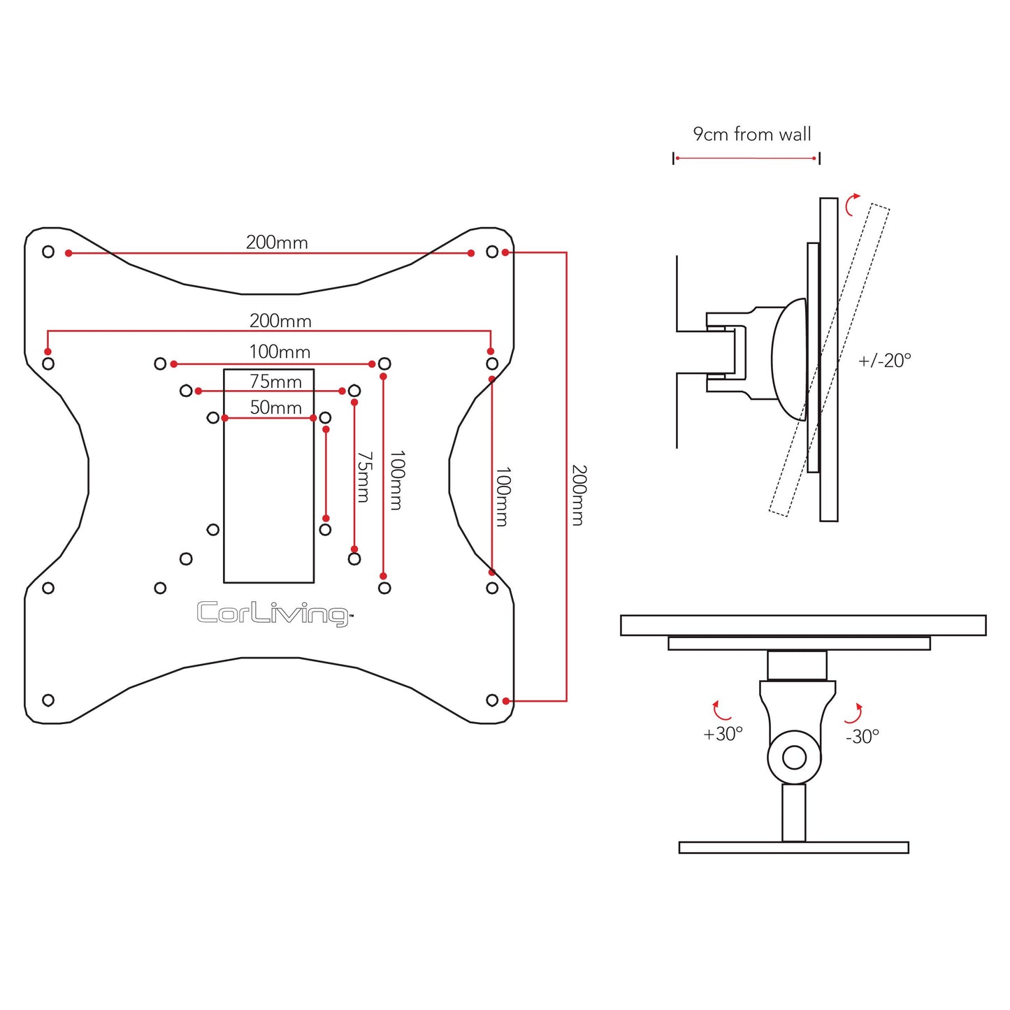 Adjustable 32-inch TV wall mount with tilt and swivel features, suitable for 18 to 32-inch TVs, black steel construction, VESA compatible, easy installation, space-saving design for living rooms and bedrooms.