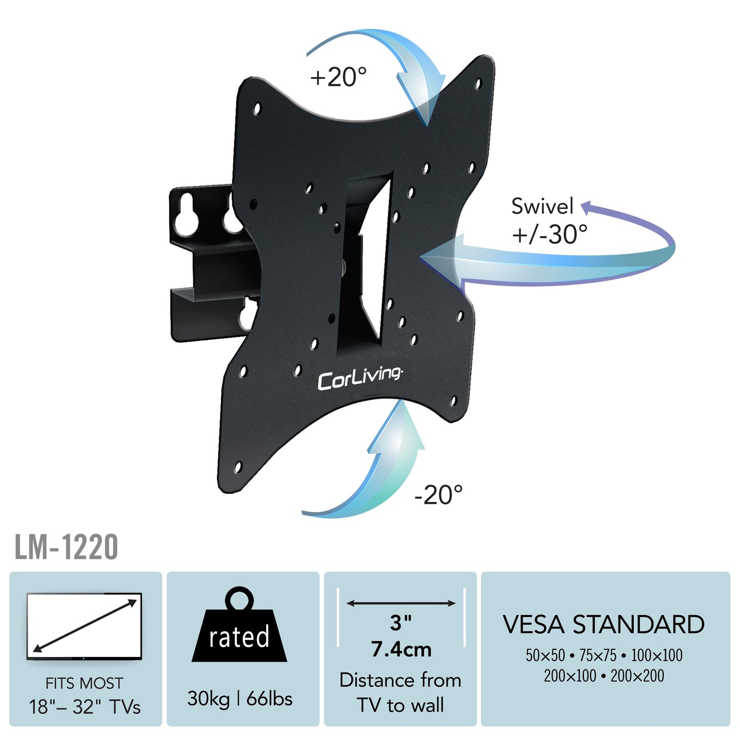 Adjustable 32-inch TV wall mount with tilt and swivel features, suitable for 18 to 32-inch TVs, black steel construction, VESA compatible, easy installation, space-saving design for living rooms and bedrooms.
