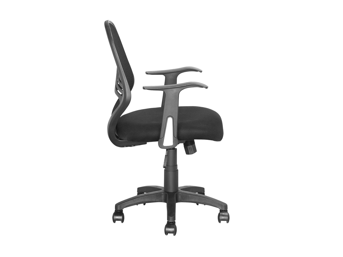 Black mesh office chair with ergonomic design, adjustable height, and lumbar support. Features breathable mesh backrest, cushioned seat, and sleek armrests. Ideal for home office or professional workspace.