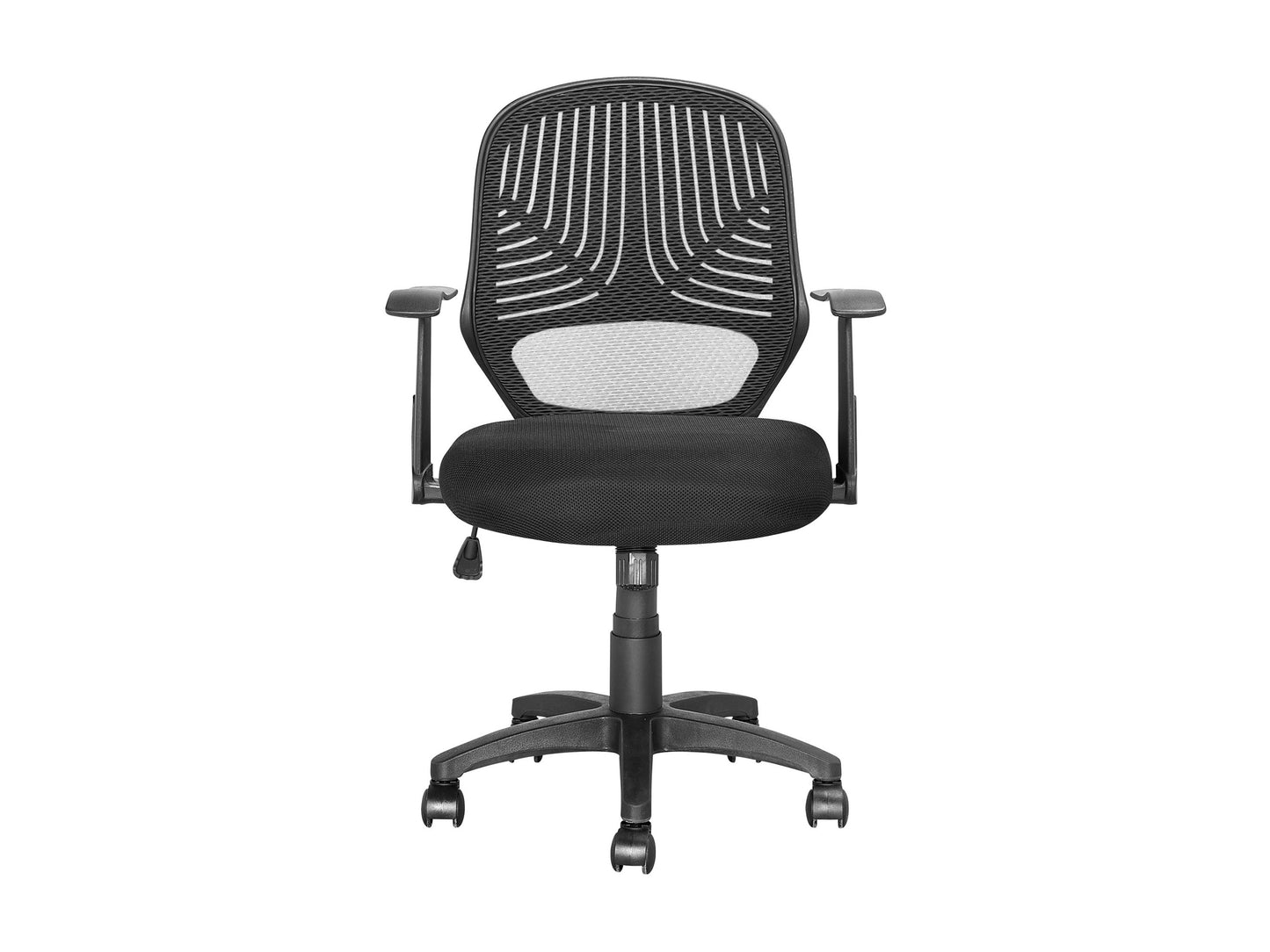 Black mesh office chair with ergonomic design, adjustable height, and lumbar support. Features breathable mesh backrest, cushioned seat, and sleek armrests. Ideal for home office or professional workspace.