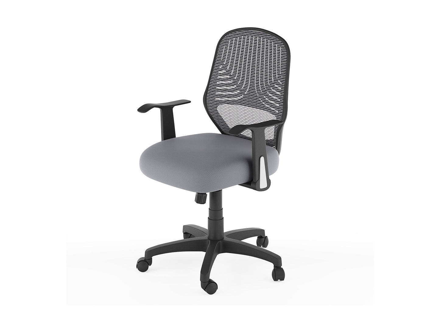 Grey mesh office chair with ergonomic design, adjustable armrests, lumbar support, and swivel base. Ideal for home or office use, providing comfort and breathability for long hours of work.