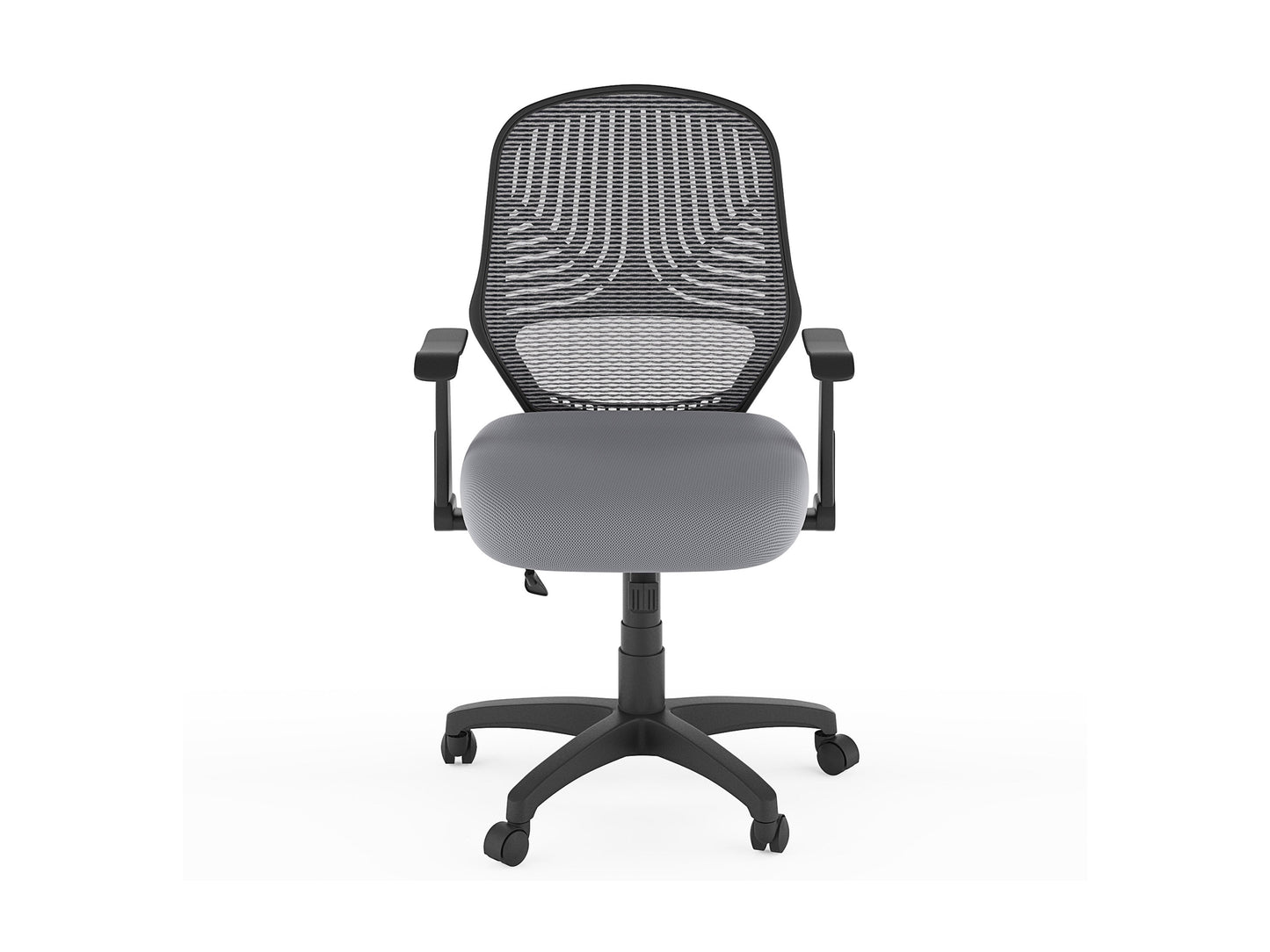 Grey mesh office chair with ergonomic design, adjustable armrests, lumbar support, and swivel base. Ideal for home or office use, providing comfort and breathability for long hours of work.