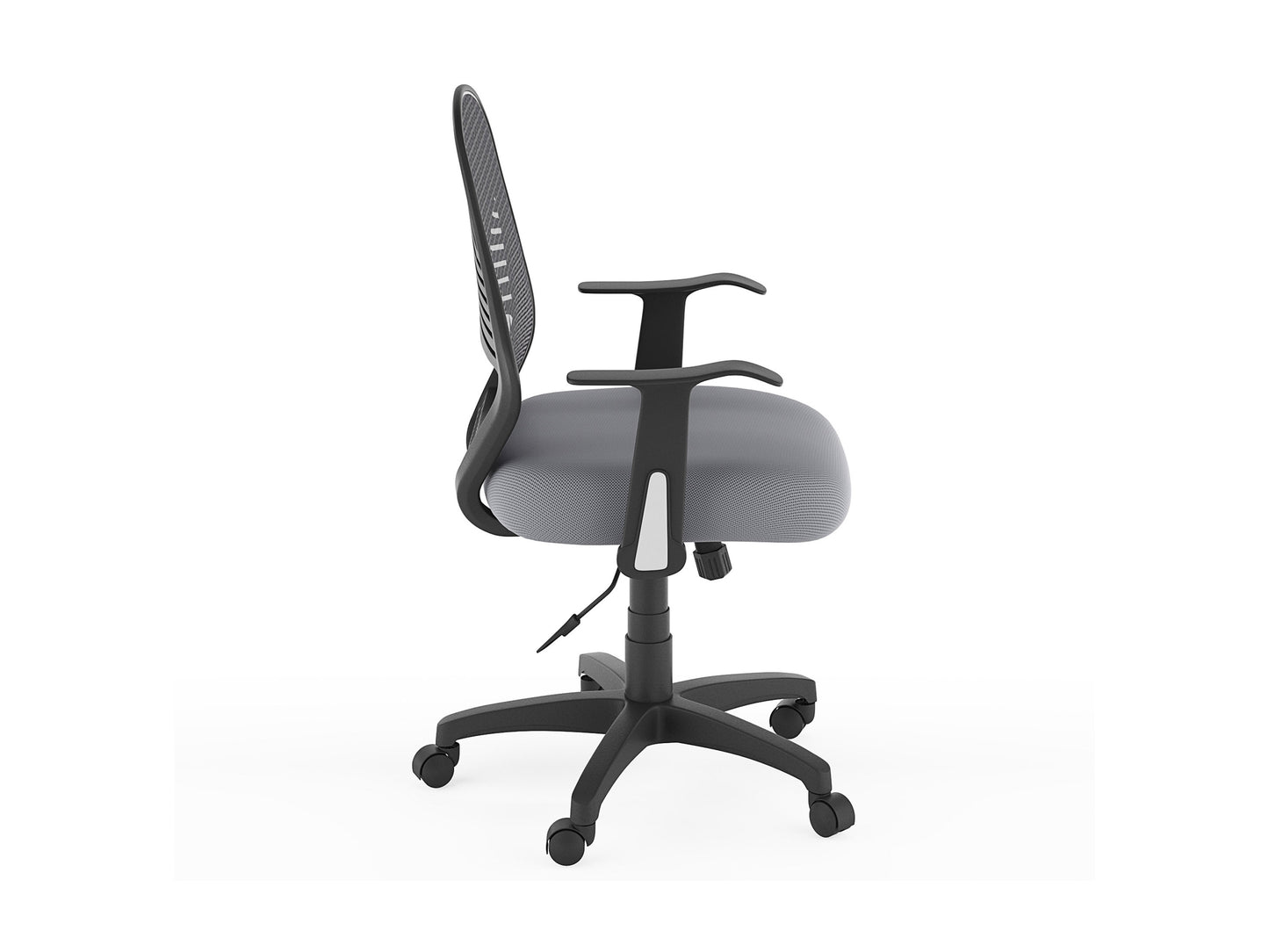 Grey mesh office chair with ergonomic design, adjustable armrests, lumbar support, and swivel base. Ideal for home or office use, providing comfort and breathability for long hours of work.