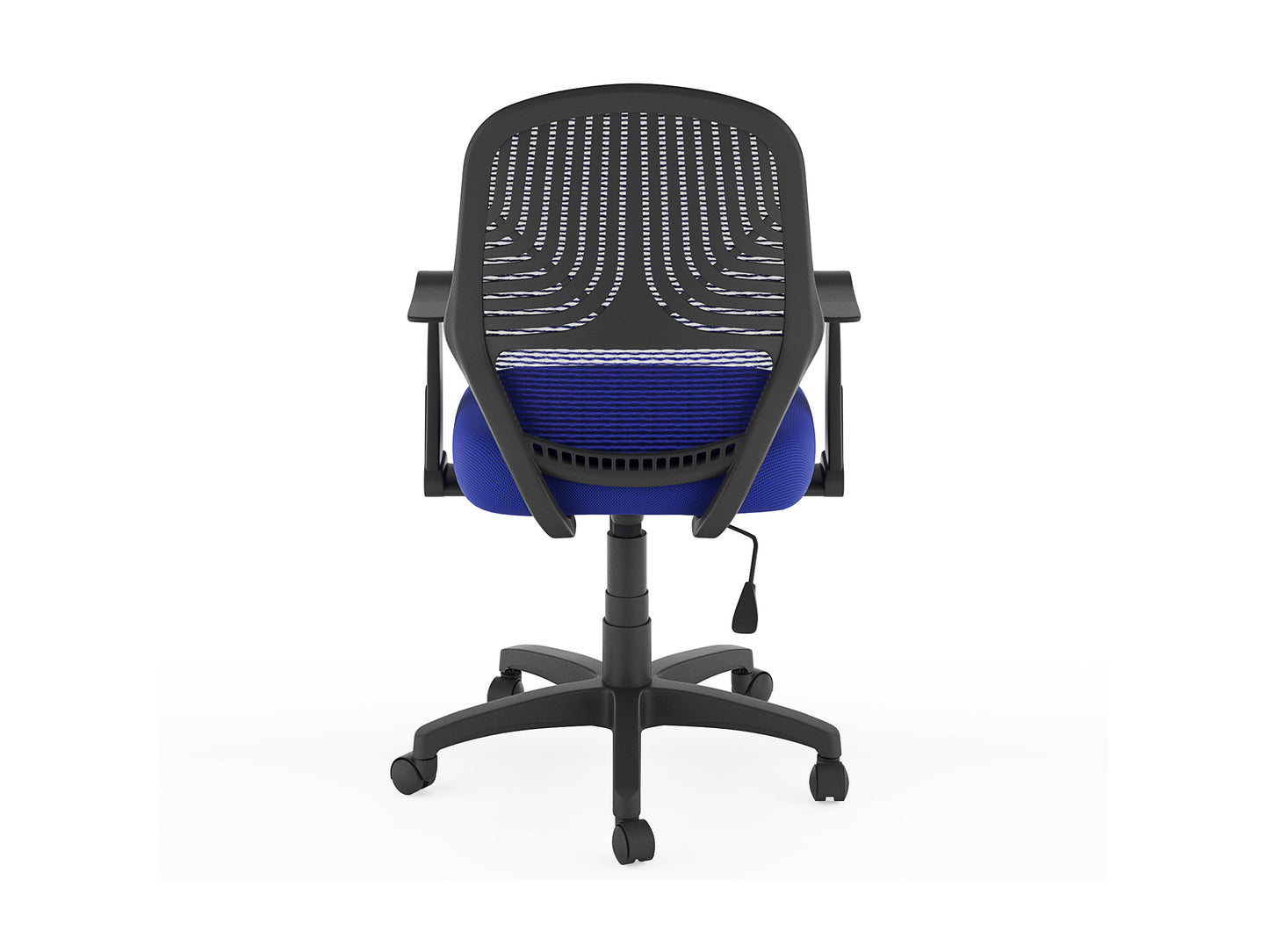 Blue mesh office chair with ergonomic design, adjustable armrests, lumbar support, and a swivel base. Ideal for home or office use, providing comfort and breathability with a modern aesthetic.