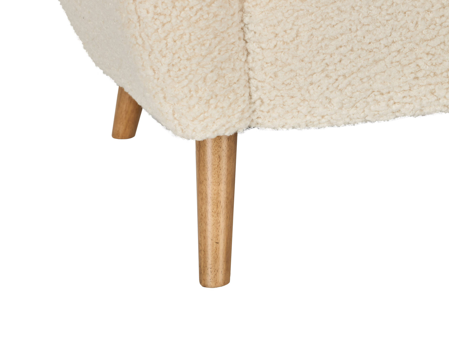 Cream Boucle Wing Accent Chair with wooden legs, featuring a high backrest, textured boucle fabric, and elegant curved design for modern living rooms or reading nooks.