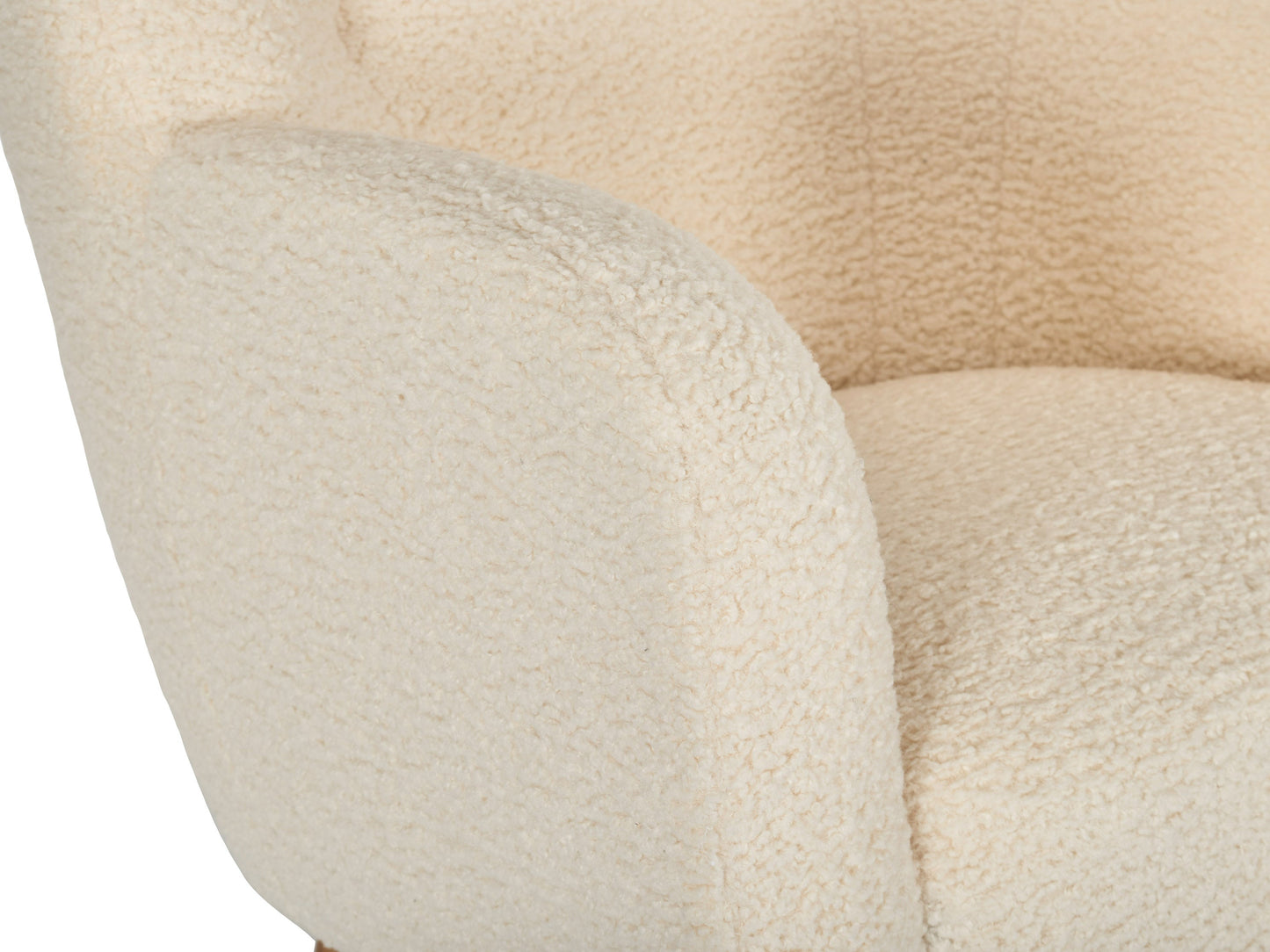 Cream Boucle Wing Accent Chair with curved backrest, wooden legs, and textured upholstery. Ideal for modern living rooms or reading nooks, offering both comfort and a stylish touch.