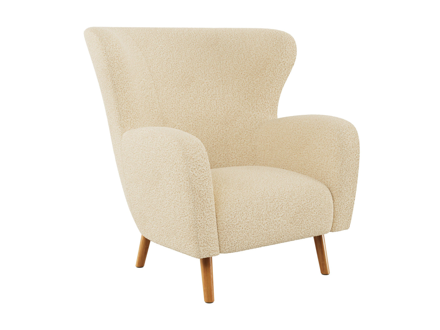 Cream boucle wing accent chair with gold metal legs, featuring a plush, textured fabric and a high backrest. Ideal for modern living rooms or reading nooks, offering both style and comfort.