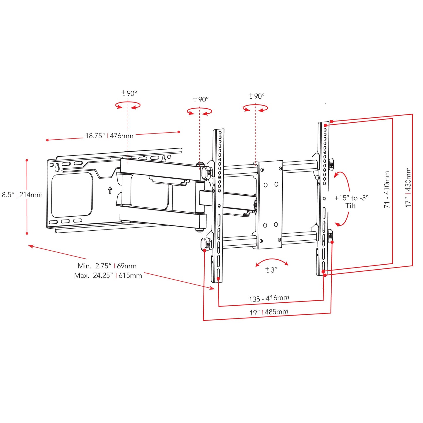 Full Motion TV Wall Mount for 32" - 70" TVs