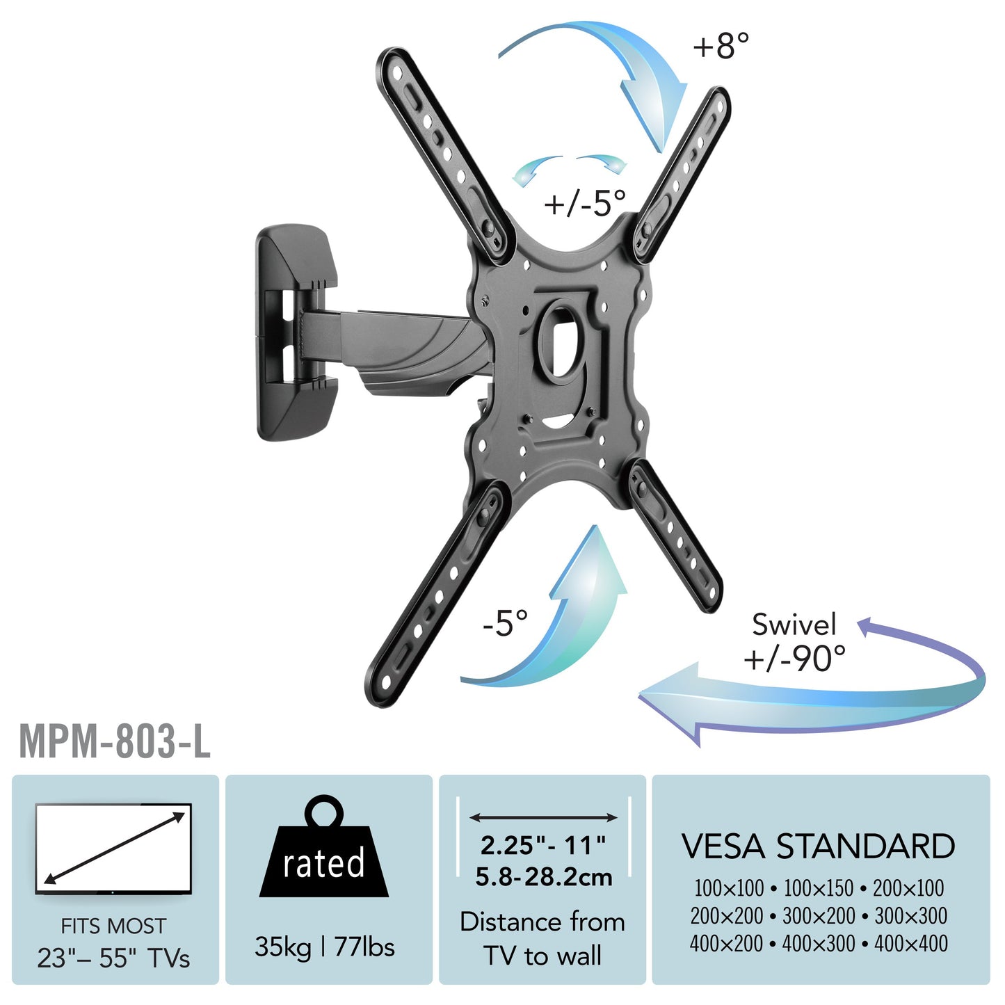 Black articulating TV wall mount for 23" - 55" TVs, featuring adjustable arms, sturdy metal construction, and sleek design for optimal viewing angles. Ideal for modern home entertainment setups.