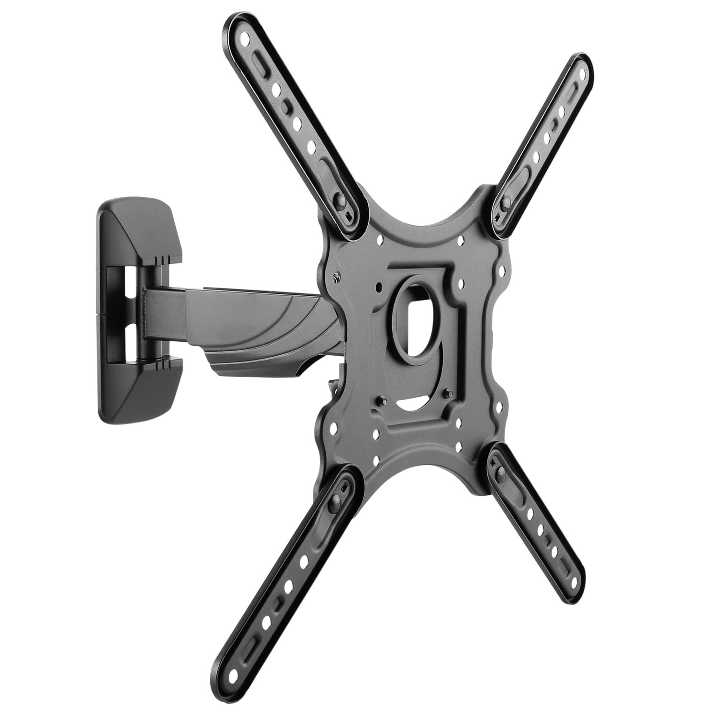 Articulating TV wall mount for 23" - 55" TVs, black metal frame with adjustable arms, tilting and swiveling features for versatile viewing angles, secure mounting hardware included.