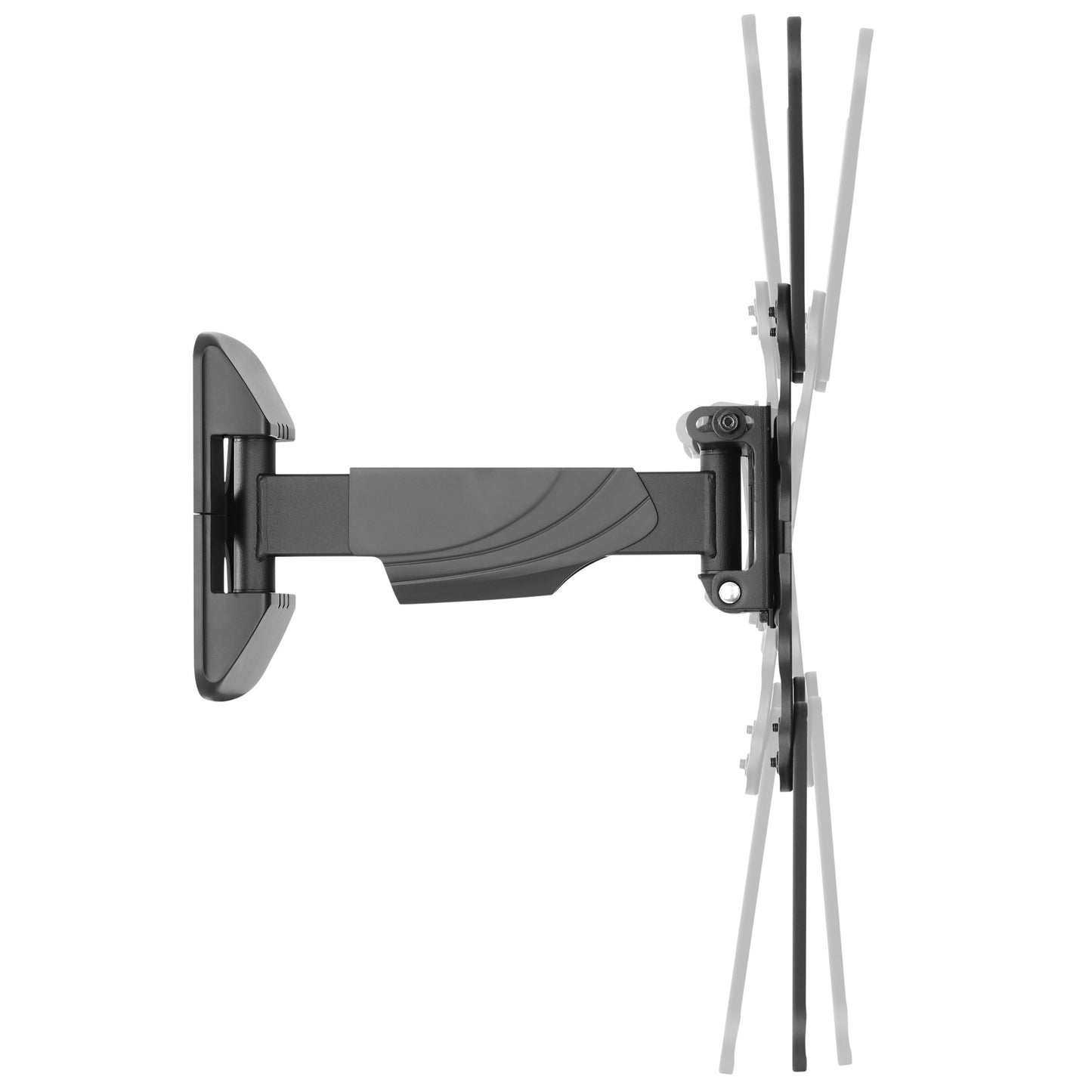 Black articulating TV wall mount for 23" - 55" TVs with adjustable arm, sleek design, and durable metal construction. Ideal for flat screens, enhances viewing angles, and supports secure installation on various wall types.