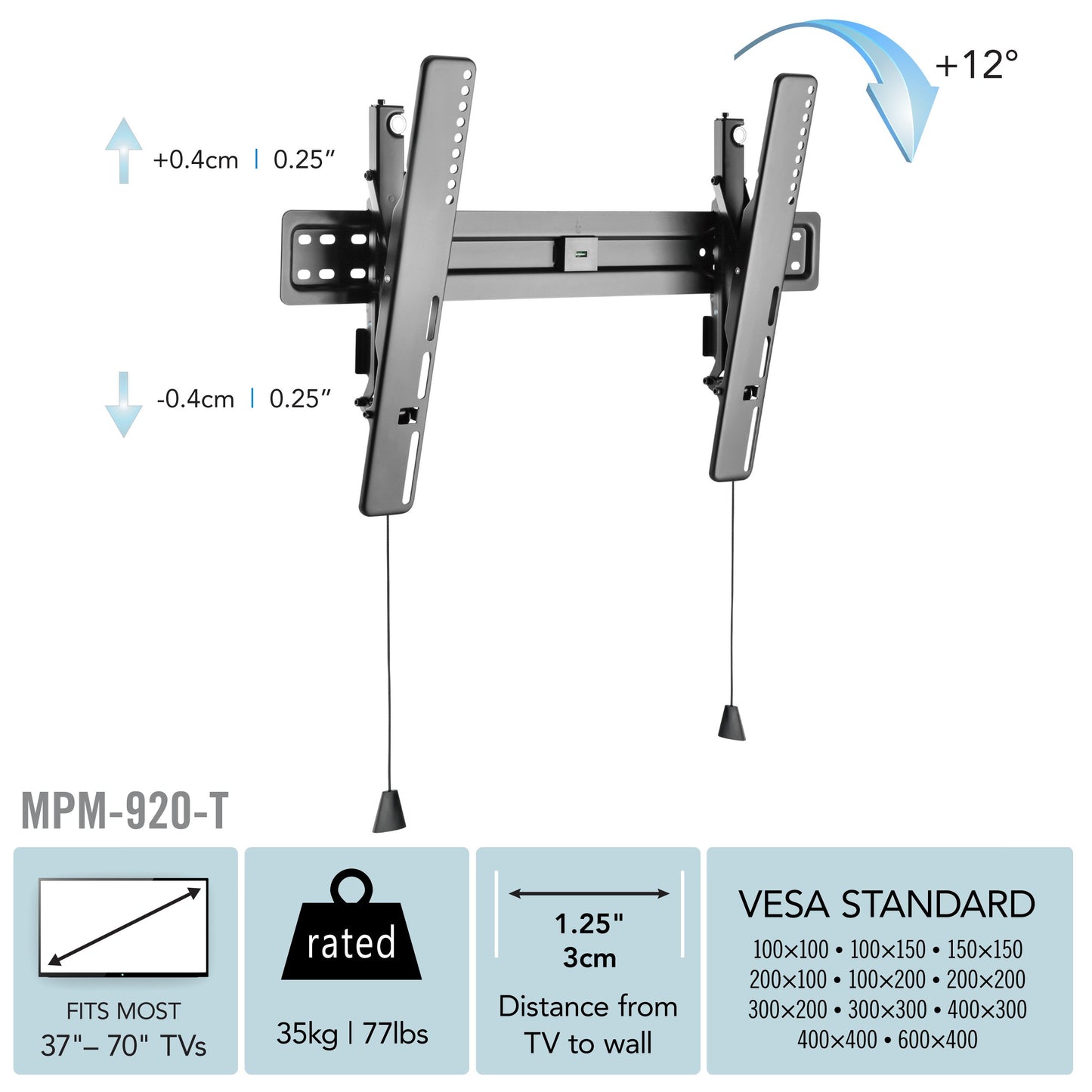 Tilting TV wall mount for 37" - 70" TVs, black metal frame with adjustable tilt feature, mounted on a light gray wall, supporting a flat-screen TV, ideal for home or office entertainment setups.