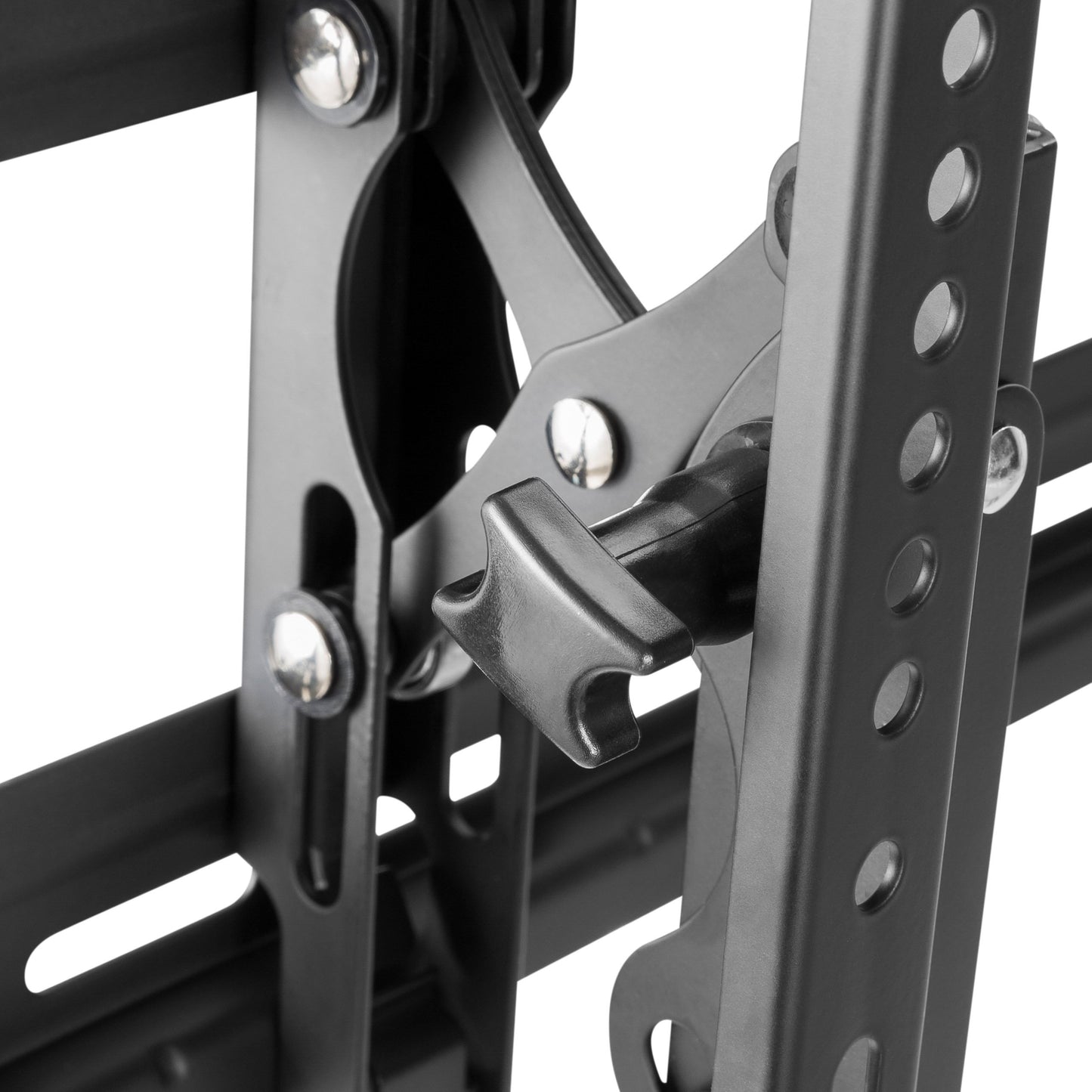 Tilting TV wall mount for 43" to 90" TVs, black metal frame with adjustable tilt mechanism, sleek design for modern living rooms, sturdy construction for secure mounting, easy installation features.