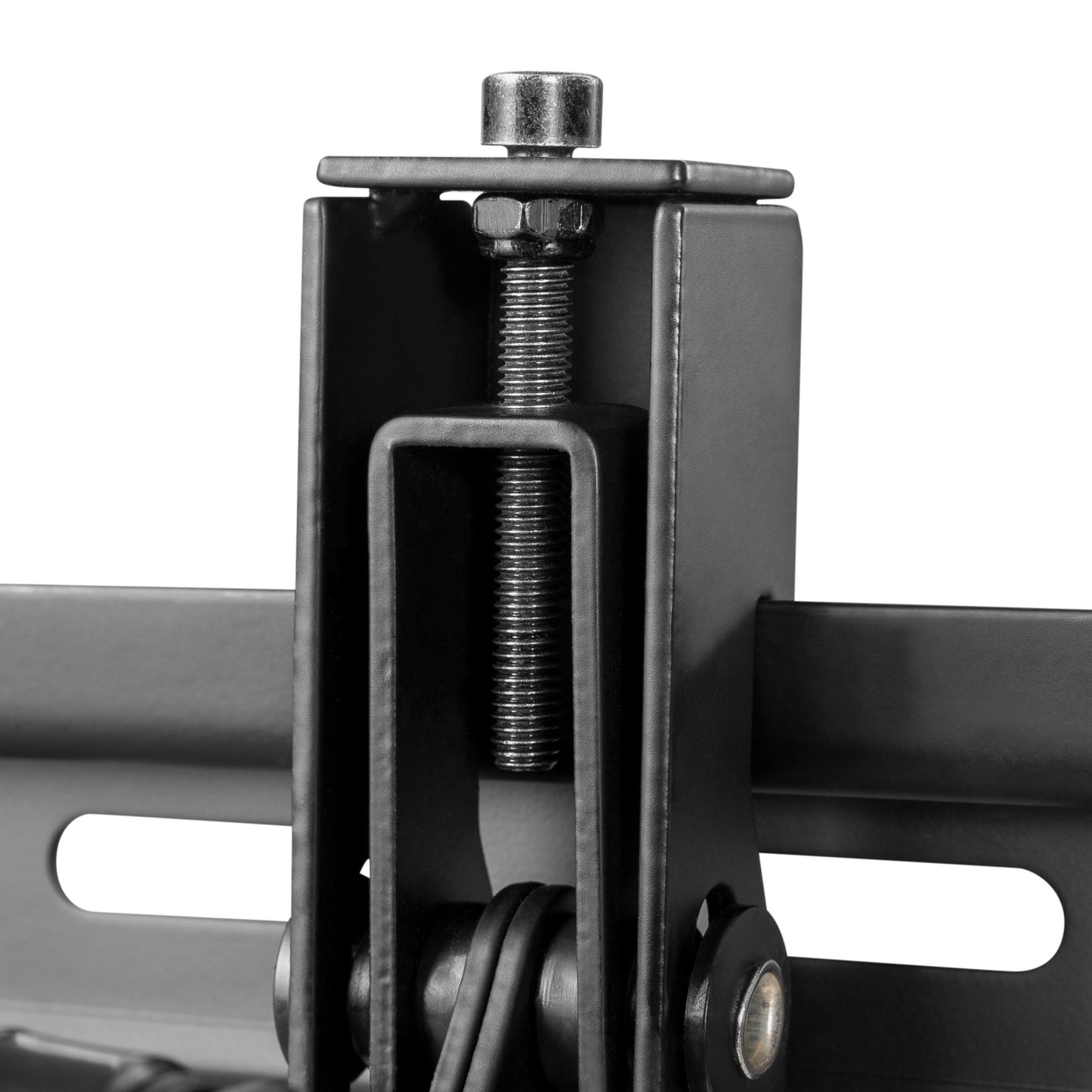 Tilting TV wall mount for 43" - 90" TVs, black metal construction, adjustable angles, sleek design, sturdy support brackets, easy installation, ideal for home theaters and living rooms.