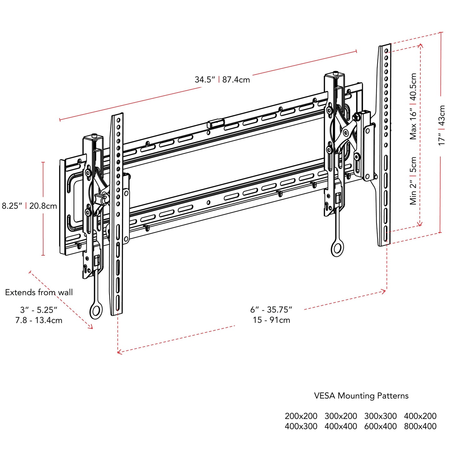 Tilting TV wall mount for 43" - 90" TVs, black, heavy-duty steel construction, adjustable tilt, cable management system, easy installation, supports up to 150 lbs, ideal for living rooms and home theaters.