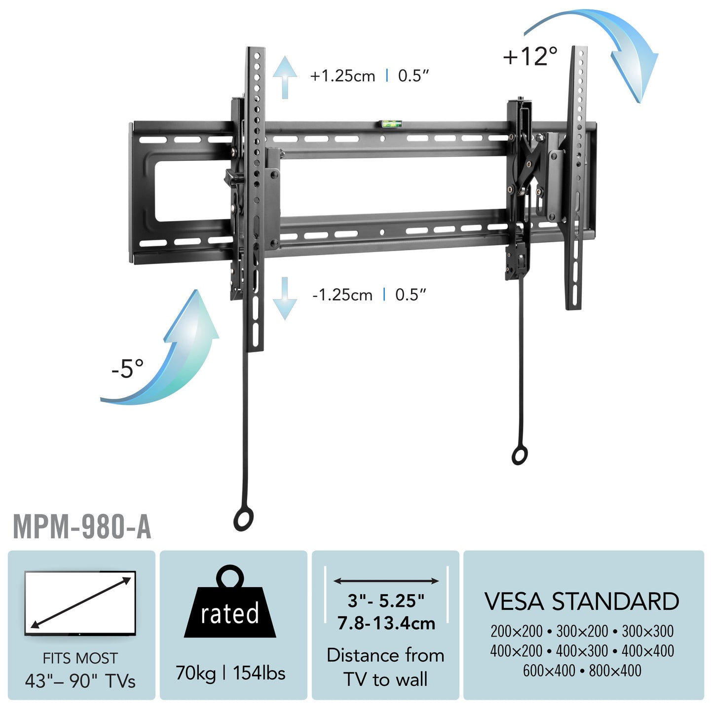 Tilting TV wall mount for 43" - 90" TVs, black steel construction, adjustable angle, slim profile, easy installation, secure and stable mounting solution, ideal for home entertainment setups.