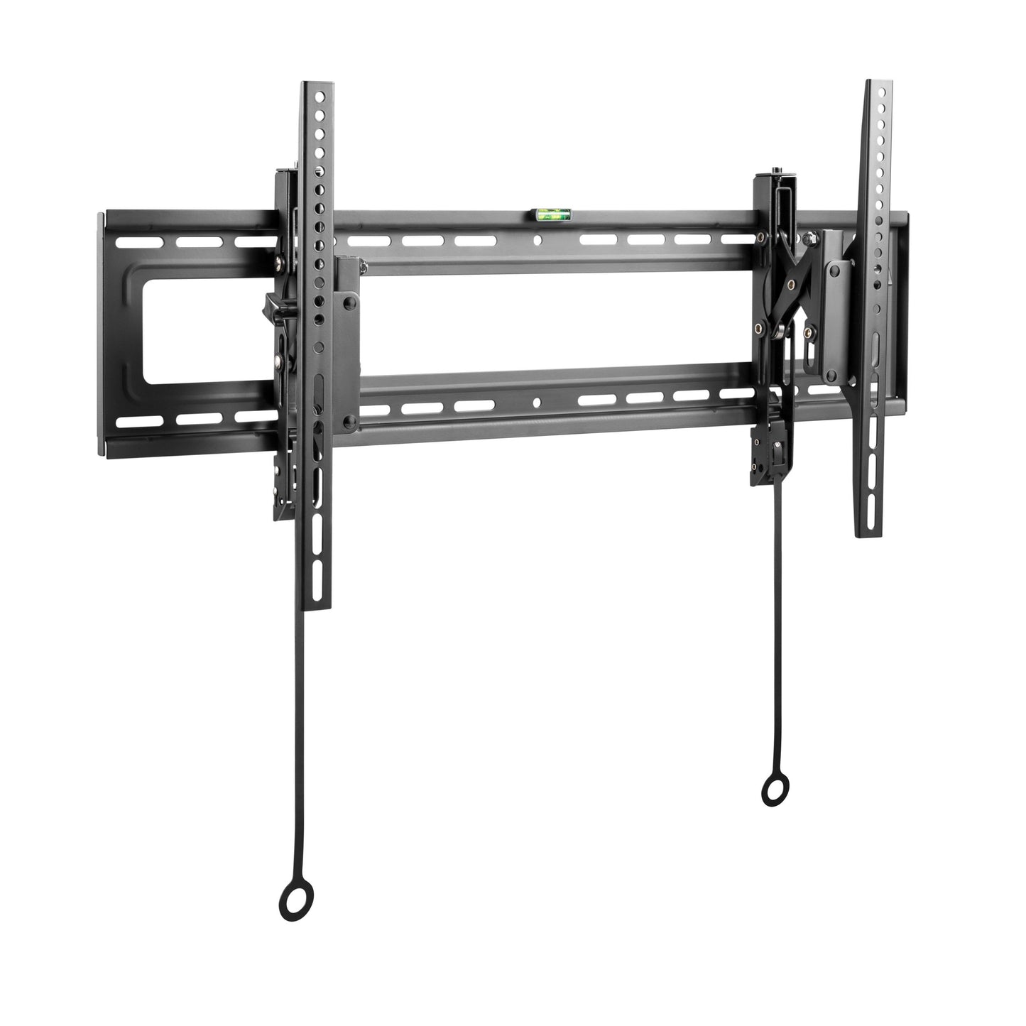 Tilting TV wall mount for 43" - 90" TVs, black steel construction, adjustable tilt, secure mounting brackets, suitable for flat and curved screens, space-saving design, easy installation.
