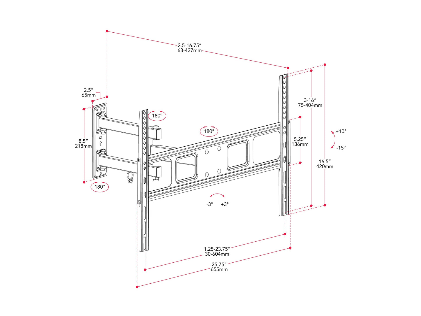 Full motion TV wall mount for up to 70-inch TVs, black metal with adjustable arms, tilts, swivels, and extends for optimal viewing angles, compatible with most flat-screen TVs, easy installation.