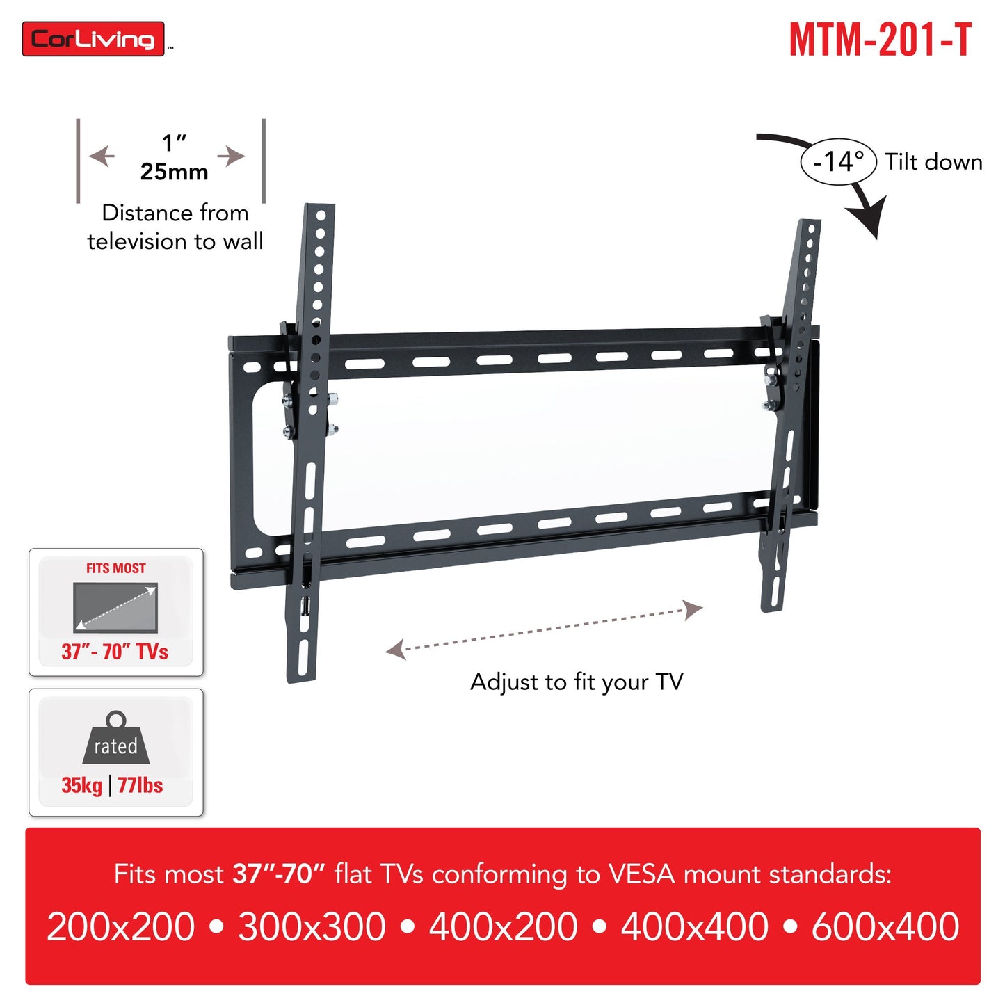 Black 70-inch TV wall mount with adjustable arms, fits 37" to 70" TVs, made of durable steel with a sleek, modern design, suitable for flat-screen TVs, offers tilt and swivel functionality for optimal viewing angles.