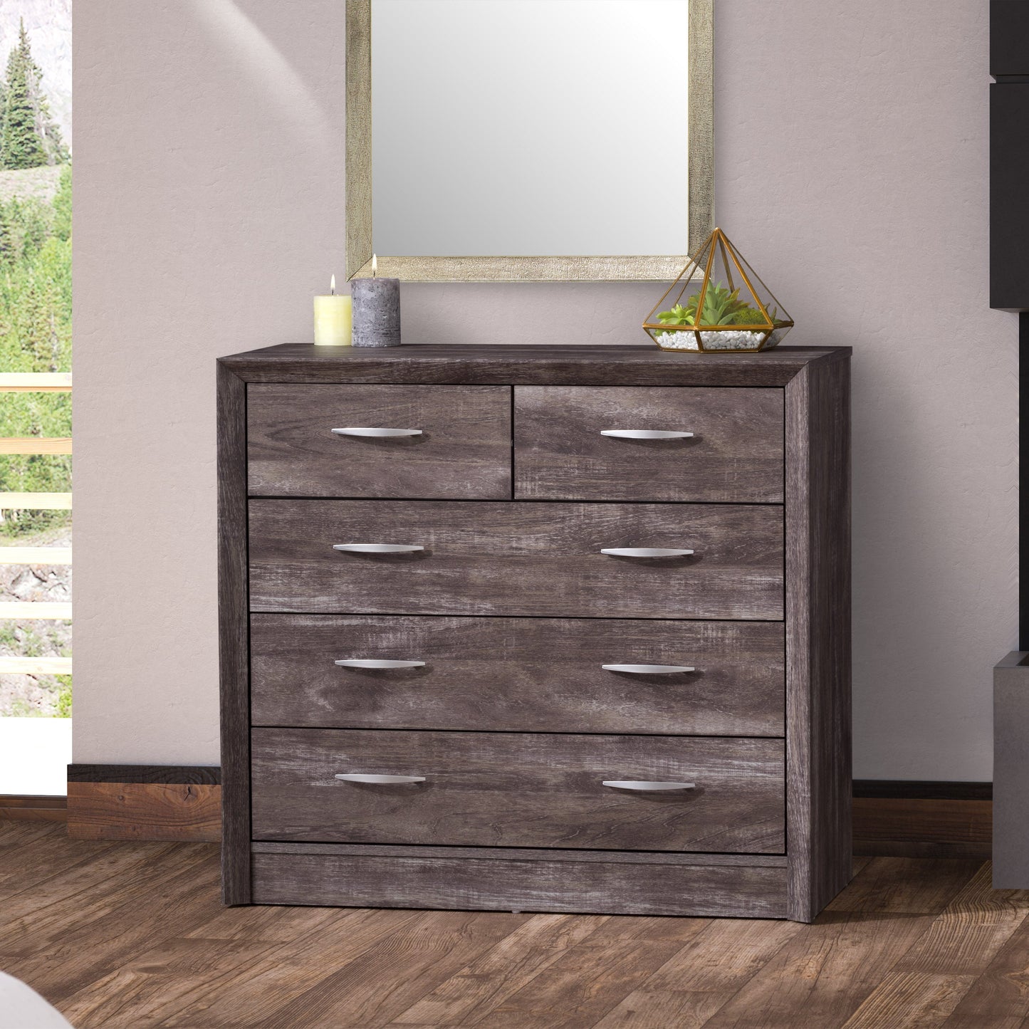 Mid-century modern dresser with six walnut wood drawers, sleek black metal handles, and tapered legs. The dresser features a smooth, minimalist design perfect for contemporary bedroom decor.