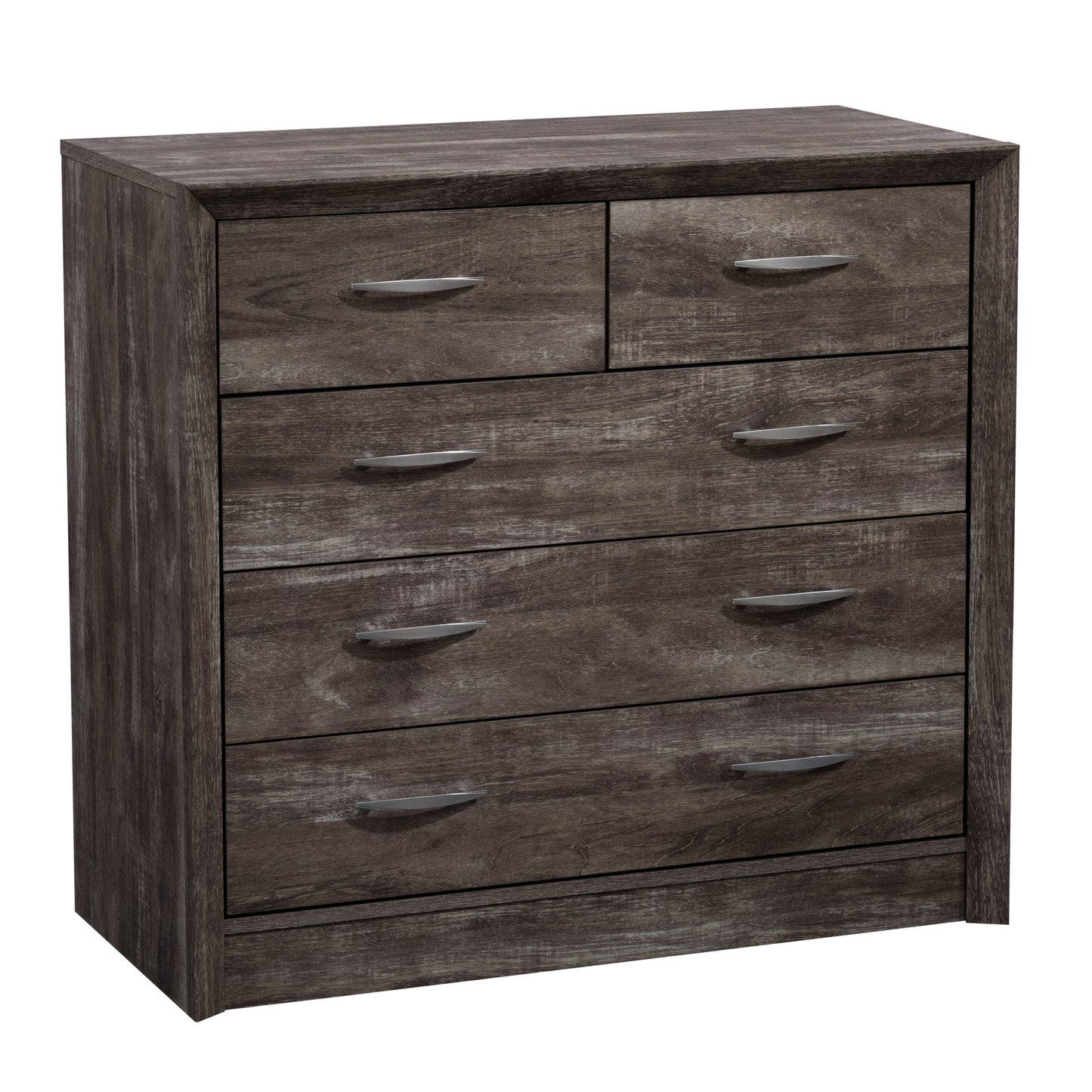 Mid-century modern dresser with walnut finish, six drawers, sleek metal handles, and tapered legs.