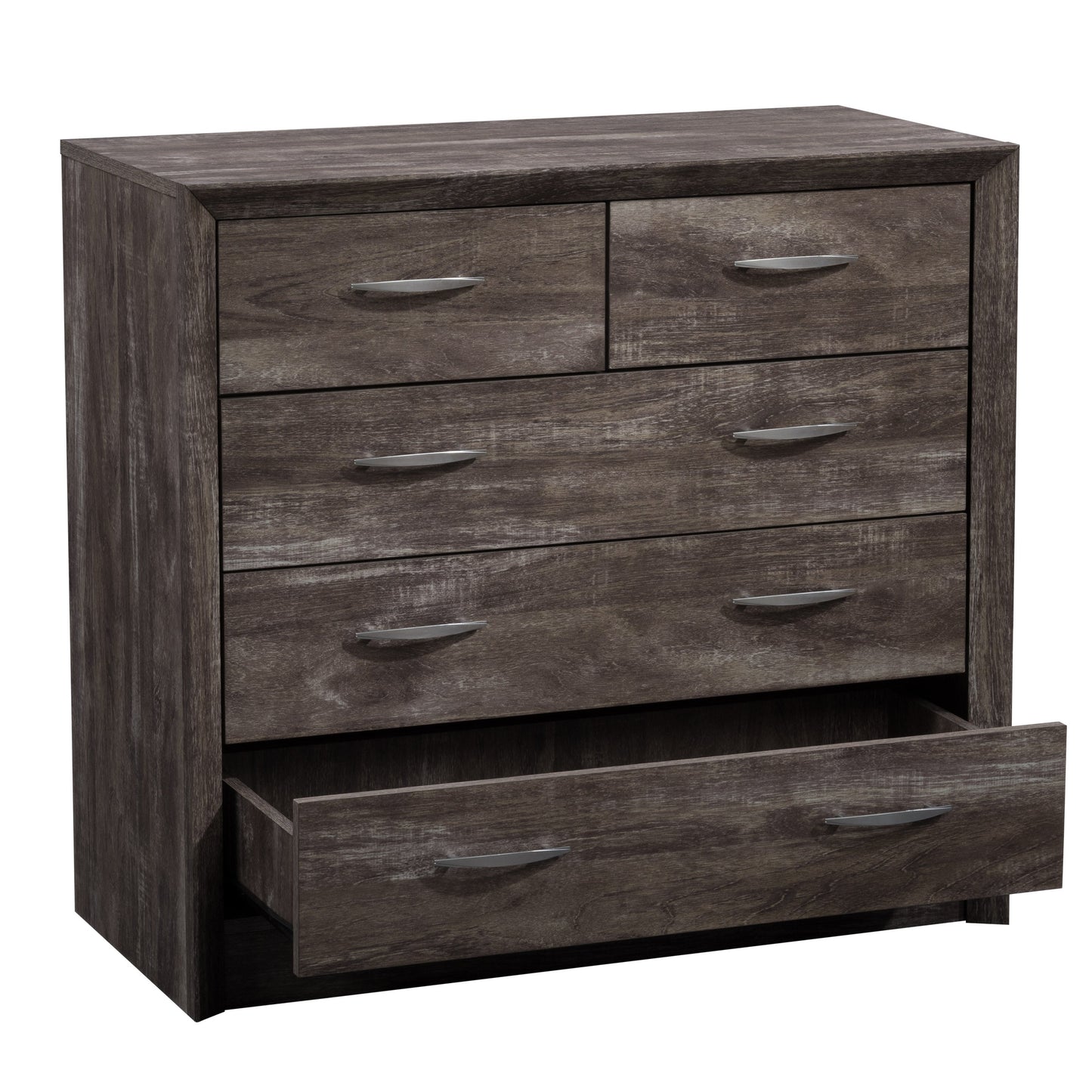Mid century modern dresser with six walnut wood drawers, brass handles, and tapered legs. Features a sleek, minimalist design with a smooth finish, perfect for contemporary or vintage-inspired interiors.