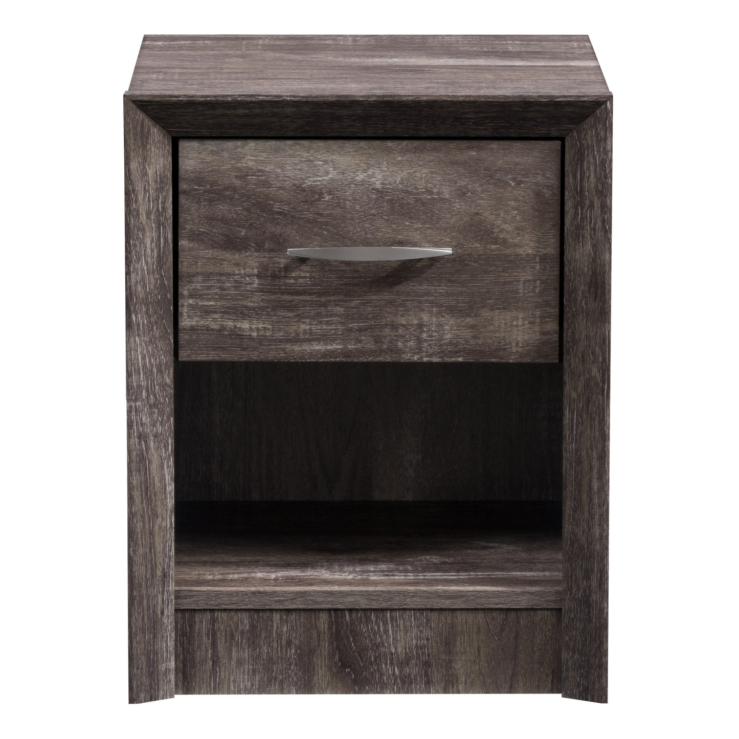 Mid-century modern nightstand with two walnut drawers, light wood body, and angled legs. Features sleek, minimalist design with smooth finish, ideal for bedroom storage and decor.