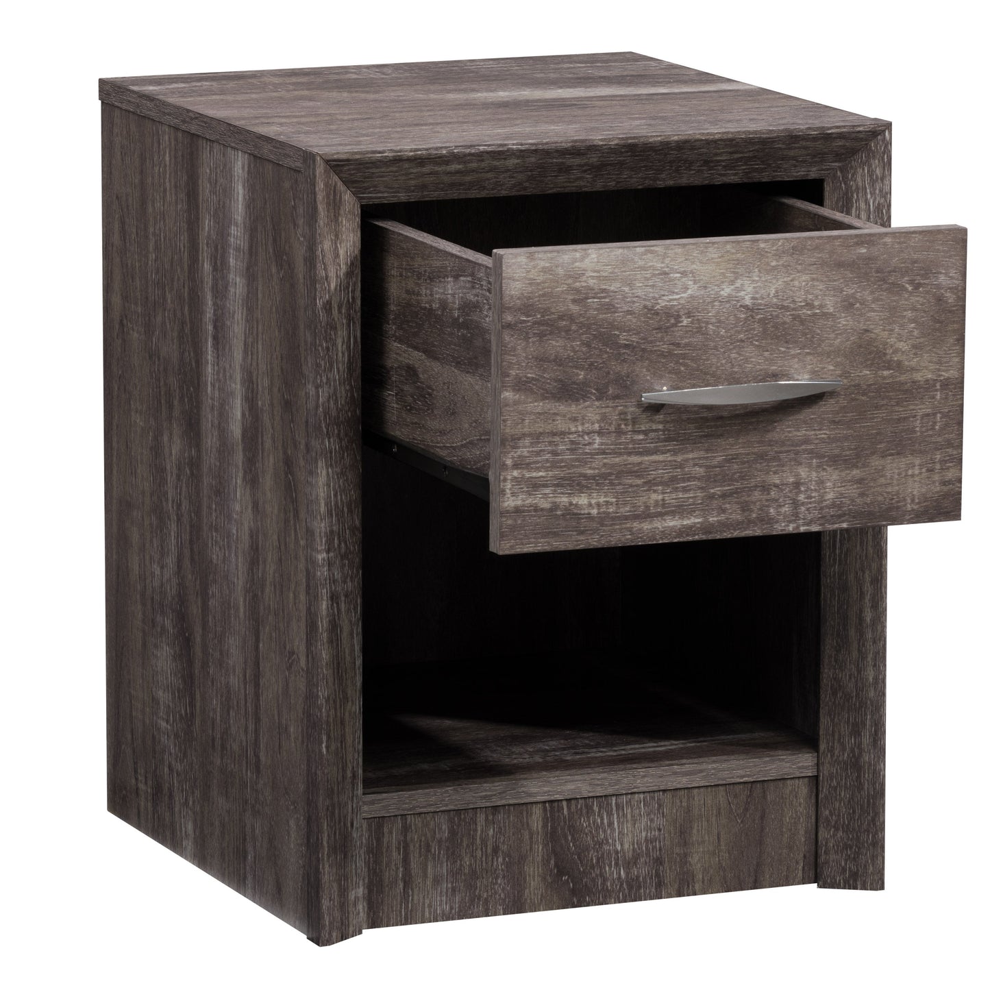 Mid Century Modern night stand with walnut finish, tapered legs, single drawer, and open shelf. Elegant design featuring clean lines and minimalist aesthetic. Ideal for bedroom decor and storage.