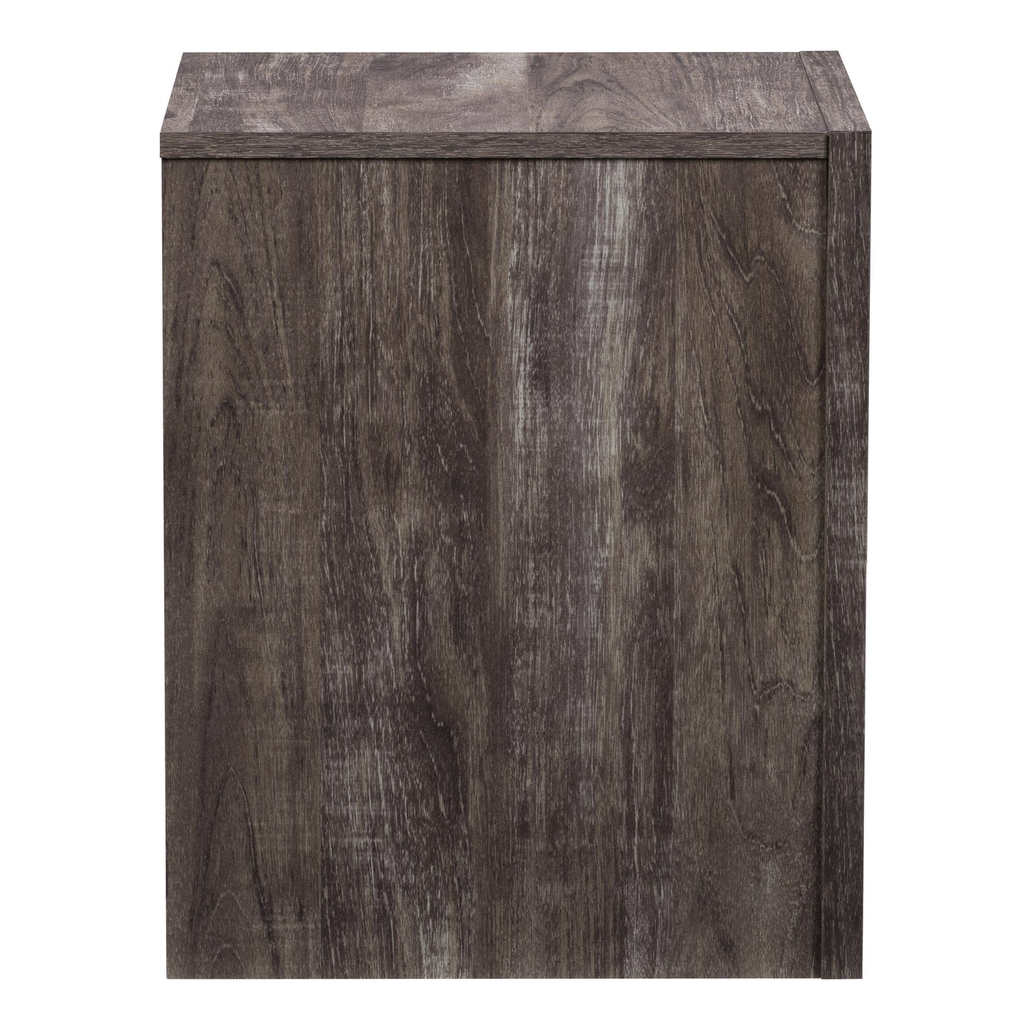 Mid-century modern night stand in walnut finish with two white drawers, tapered legs, and sleek metal handles; perfect for bedroom storage and decor.