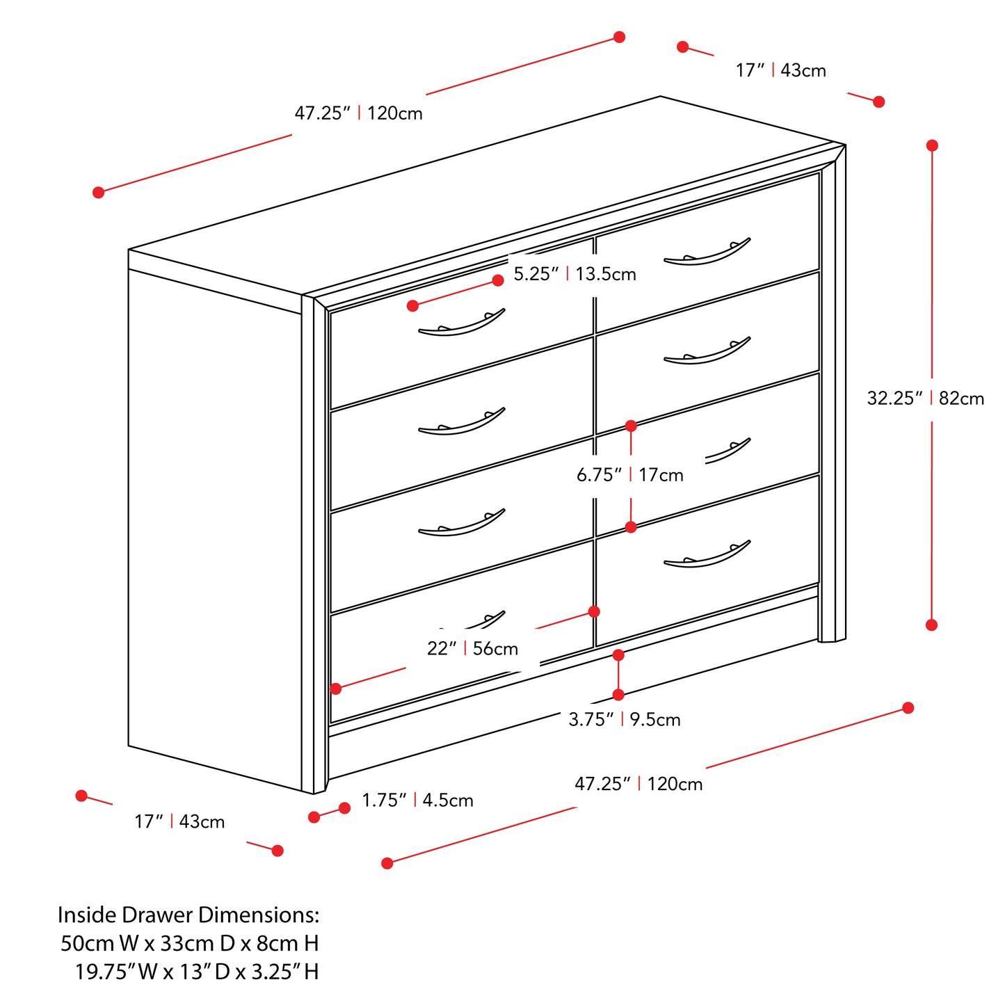 8 drawer white dresser with sleek, modern design, featuring silver handles and a smooth finish. Ideal for bedroom storage and organization.