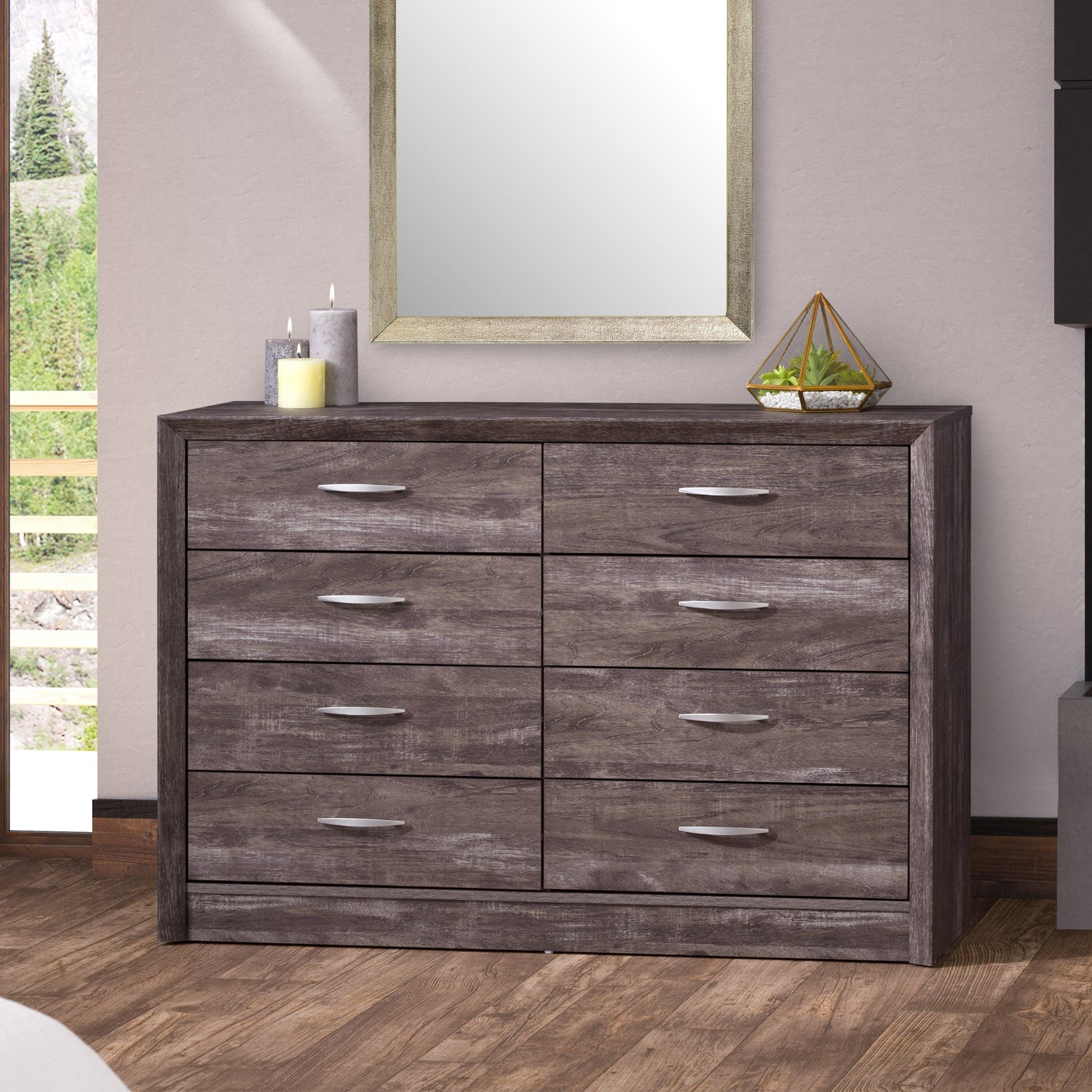 Modern 8 drawer dresser with a sleek black finish, featuring minimalist metal handles and a sturdy wooden construction, perfect for contemporary bedroom storage solutions.