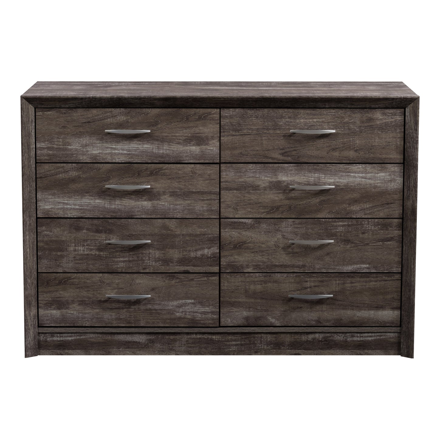 Modern 8-drawer dresser with sleek walnut finish, black metal handles, and minimalist design. Ideal for bedroom storage, featuring spacious drawers and sturdy construction, perfect for contemporary home decor.