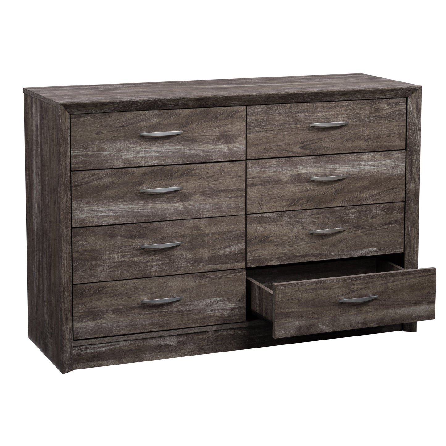 Modern 8 drawer dresser with sleek white finish, natural wood accents, and black metal handles. Features smooth drawer operation and minimalist design, perfect for contemporary bedroom decor.