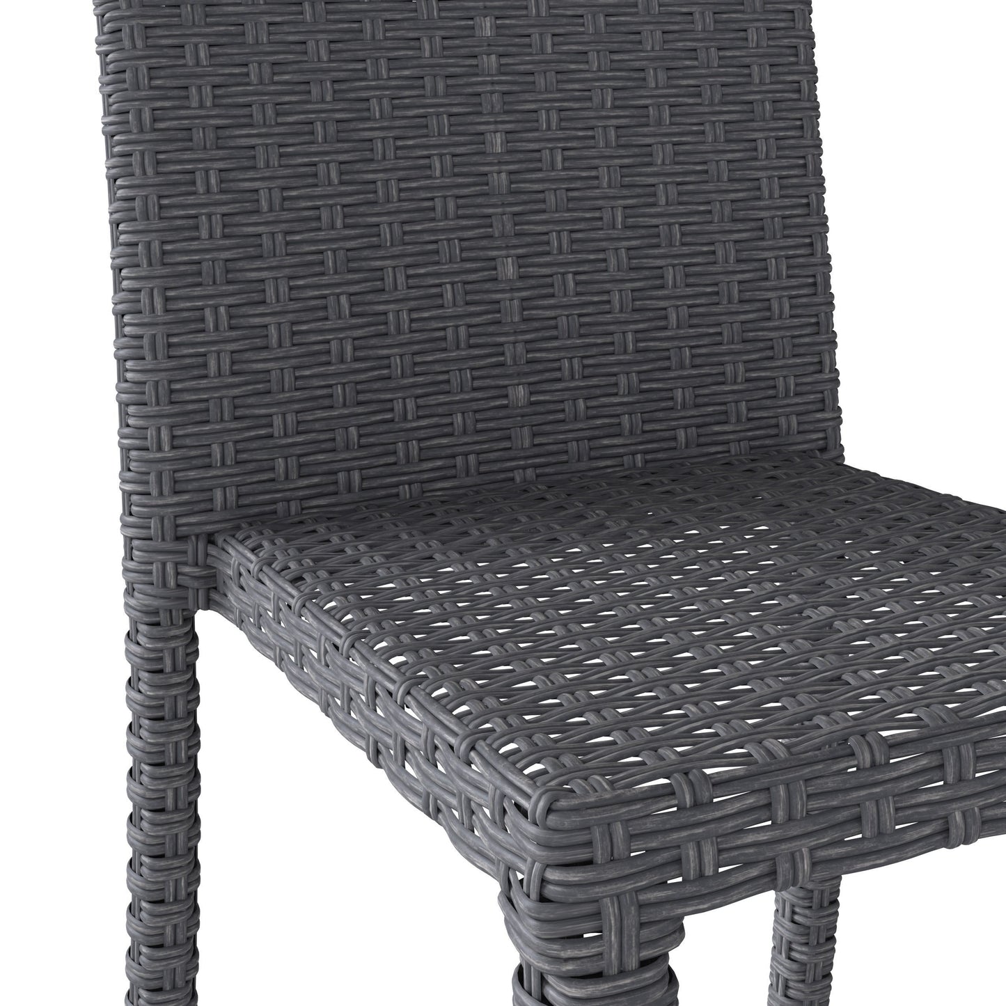 Set of four modern patio dining chairs with gray wicker seats, white metal frames, and comfortable armrests, perfect for outdoor dining and relaxation.