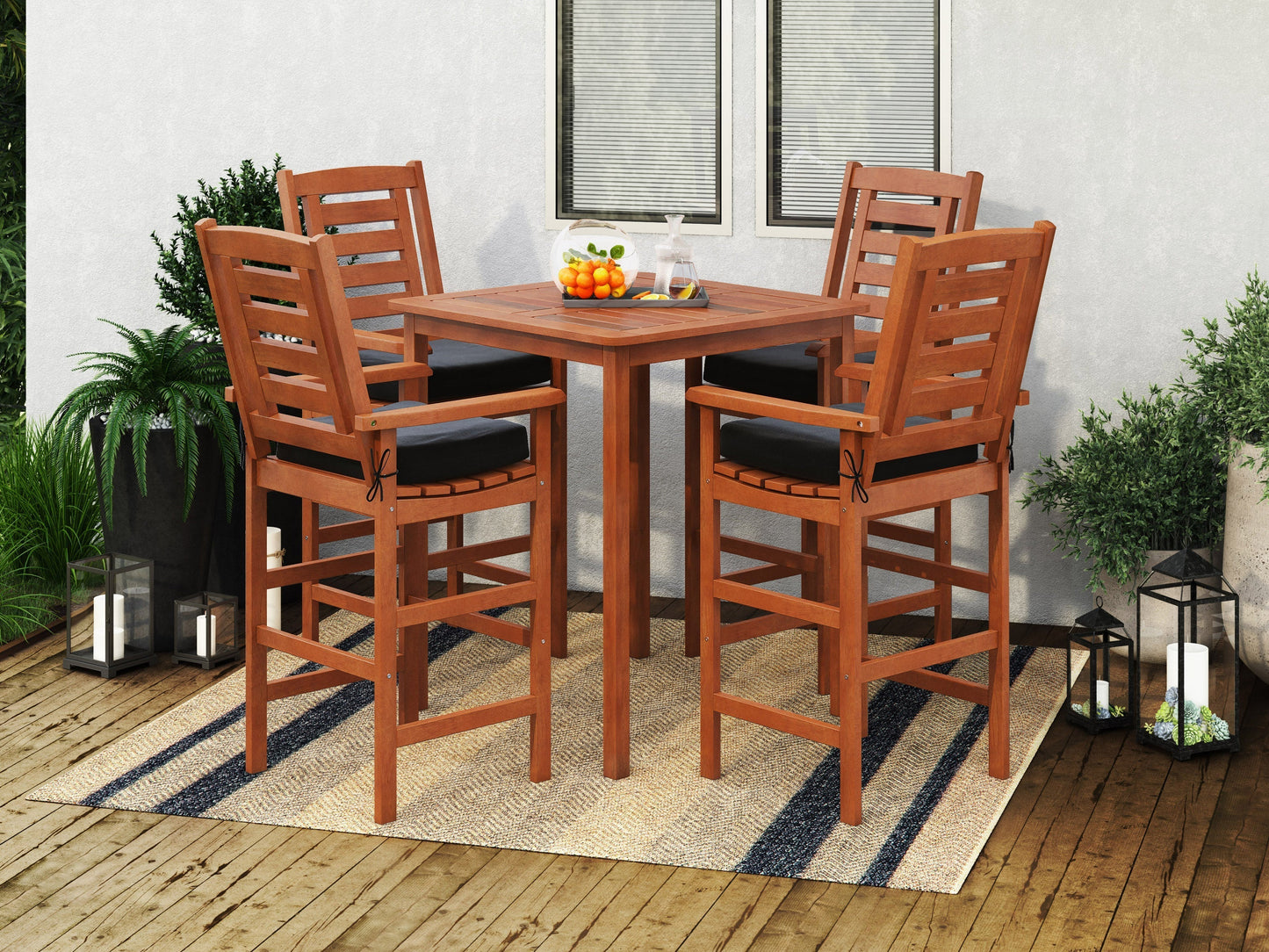 5-piece patio bar bistro set with a sleek black metal frame, featuring a square table and four matching bar stools with beige cushions, perfect for outdoor dining and entertaining.