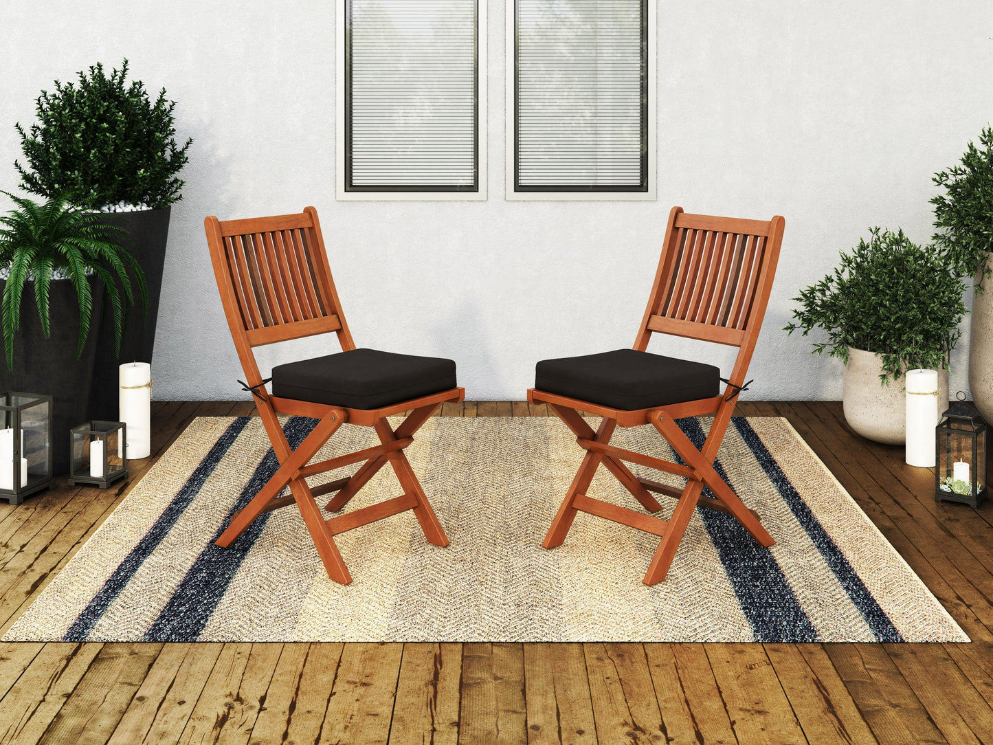 Brown outdoor wood folding patio chairs set of 2, featuring slatted seats and backs, sturdy construction, and a foldable design for easy storage, perfect for garden, deck, or balcony use.