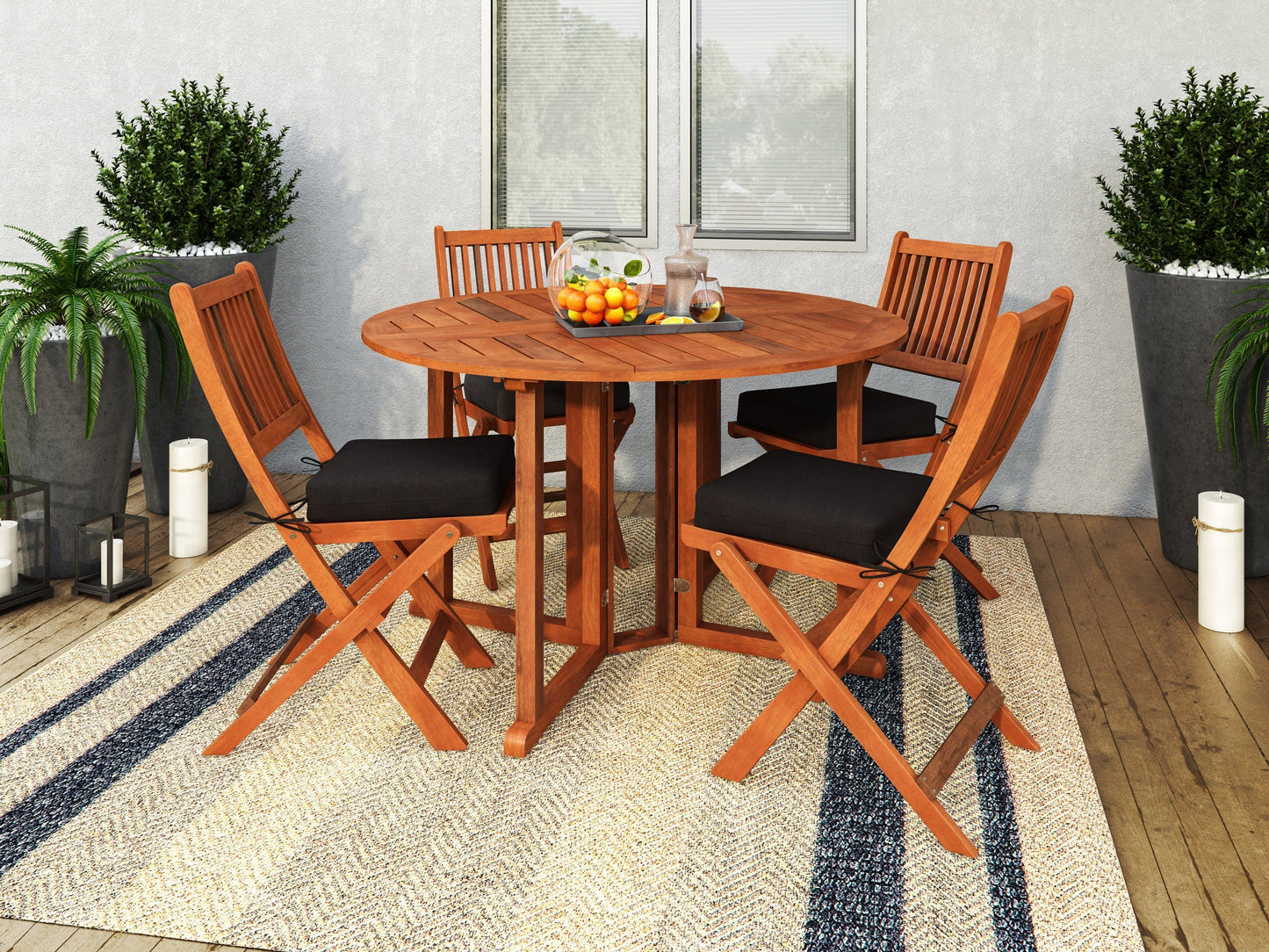 Alt Tag:
"5-piece folding patio dining set with dark brown wicker chairs and a glass-top table, featuring durable materials and compact storage for outdoor use."