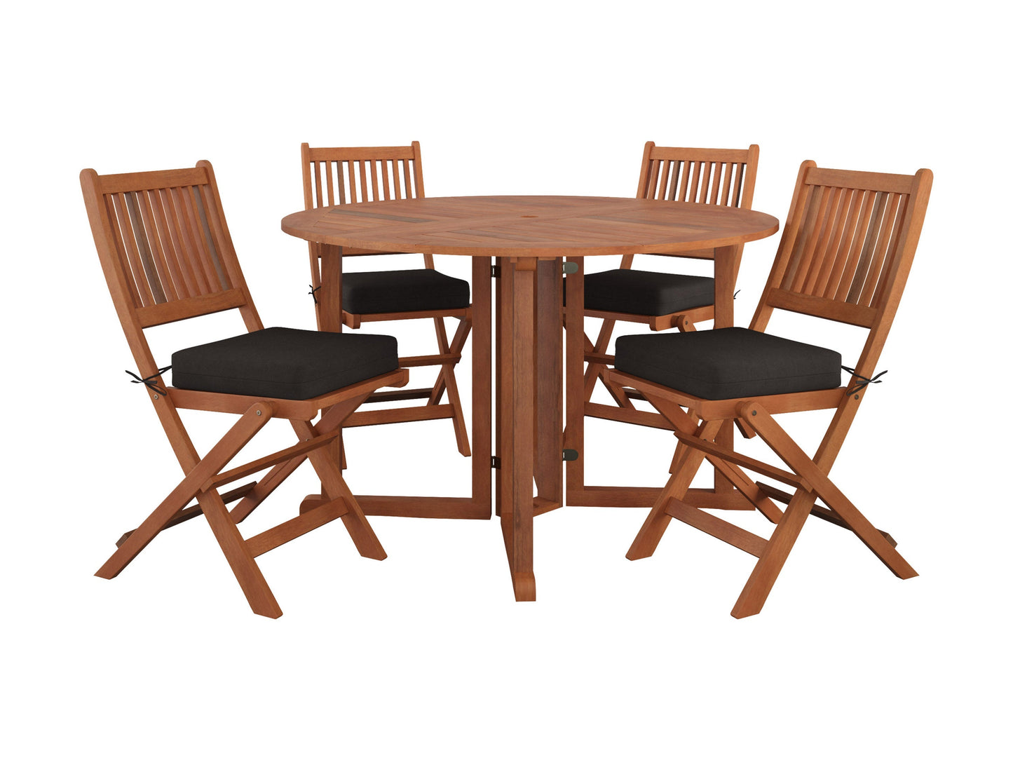 Five-piece folding patio dining set with a black metal frame and wooden slatted tabletop and seats, featuring a compact, space-saving design ideal for outdoor dining and small spaces.