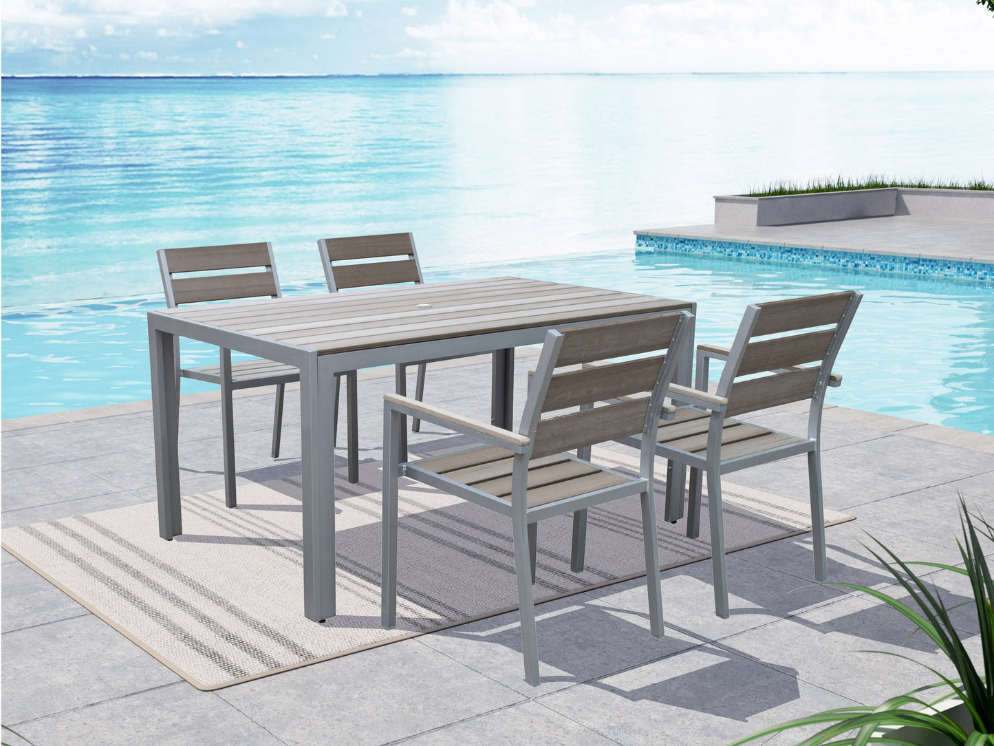 Alt Tag: Set of 4 grey patio dining chairs with cushioned seats, sturdy metal frames, and weather-resistant fabric, perfect for outdoor use and comfortable dining experiences.