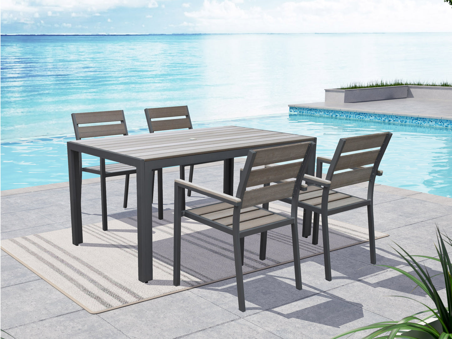 Set of 4 charcoal grey patio dining chairs with sleek metal frames, weather-resistant fabric, and cushioned seats, perfect for outdoor dining and entertaining.