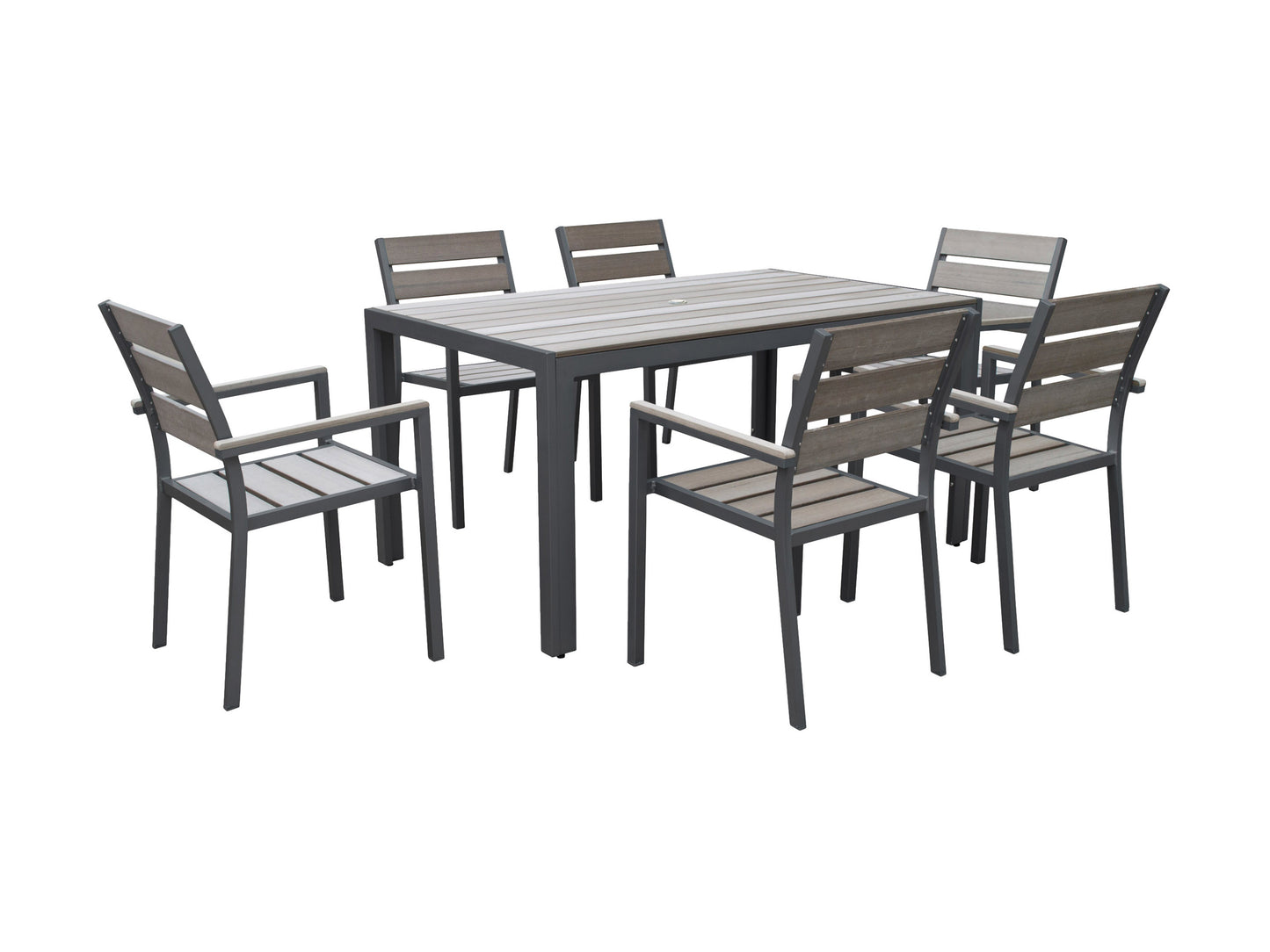 Modern outdoor dining set with 6 cushioned chairs and rectangular table, featuring a sleek black metal frame and weather-resistant gray fabric, perfect for patio or garden use.